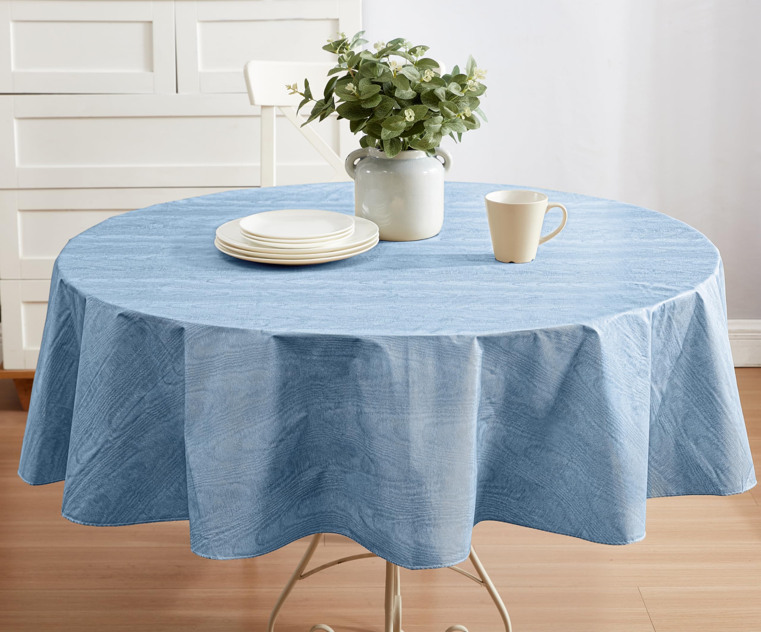 Newbridge Blue Moire Wavy Solid Color Print Heavy Weight Vinyl Flannel Backed Tablecloth, Indoor/Outdoor Vinyl Tablecloth with F