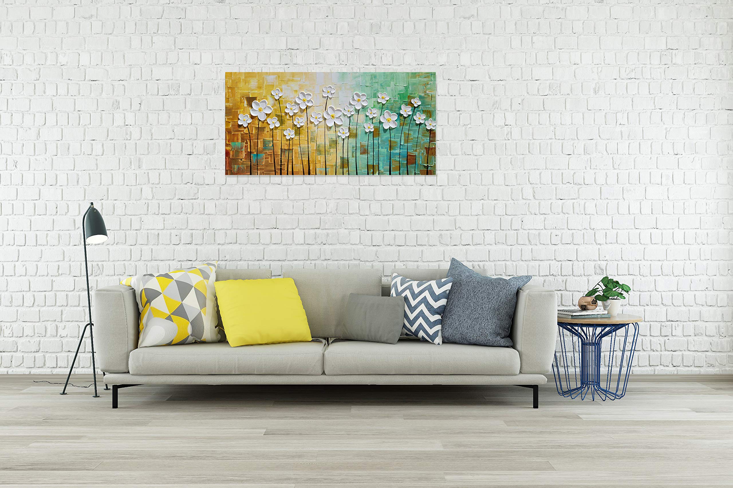Sygallerier White Floral Canvas Wall Art Hand Painted Heavy Textured Paintings Teal And Yellow Pictures Contemporary Artwork For