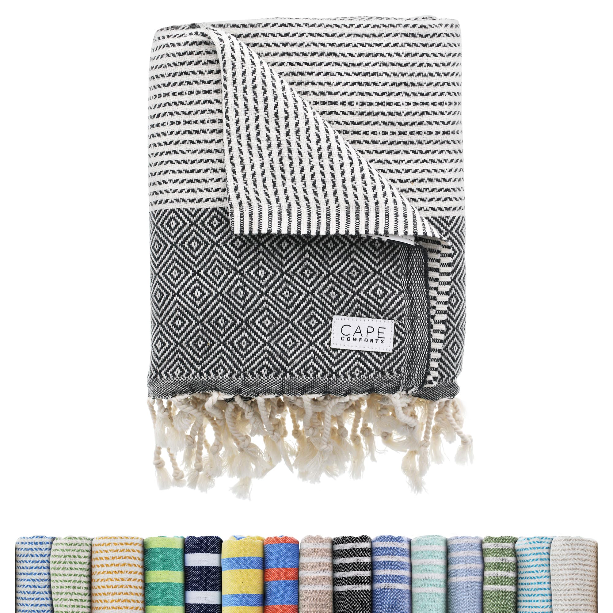 Cape Comforts Oversized Turkish Beach Towel, Diamond Dobby Charcoal - 37'' X 67'' - Super Soft & Lightweight | Quick Dry Sand Fr