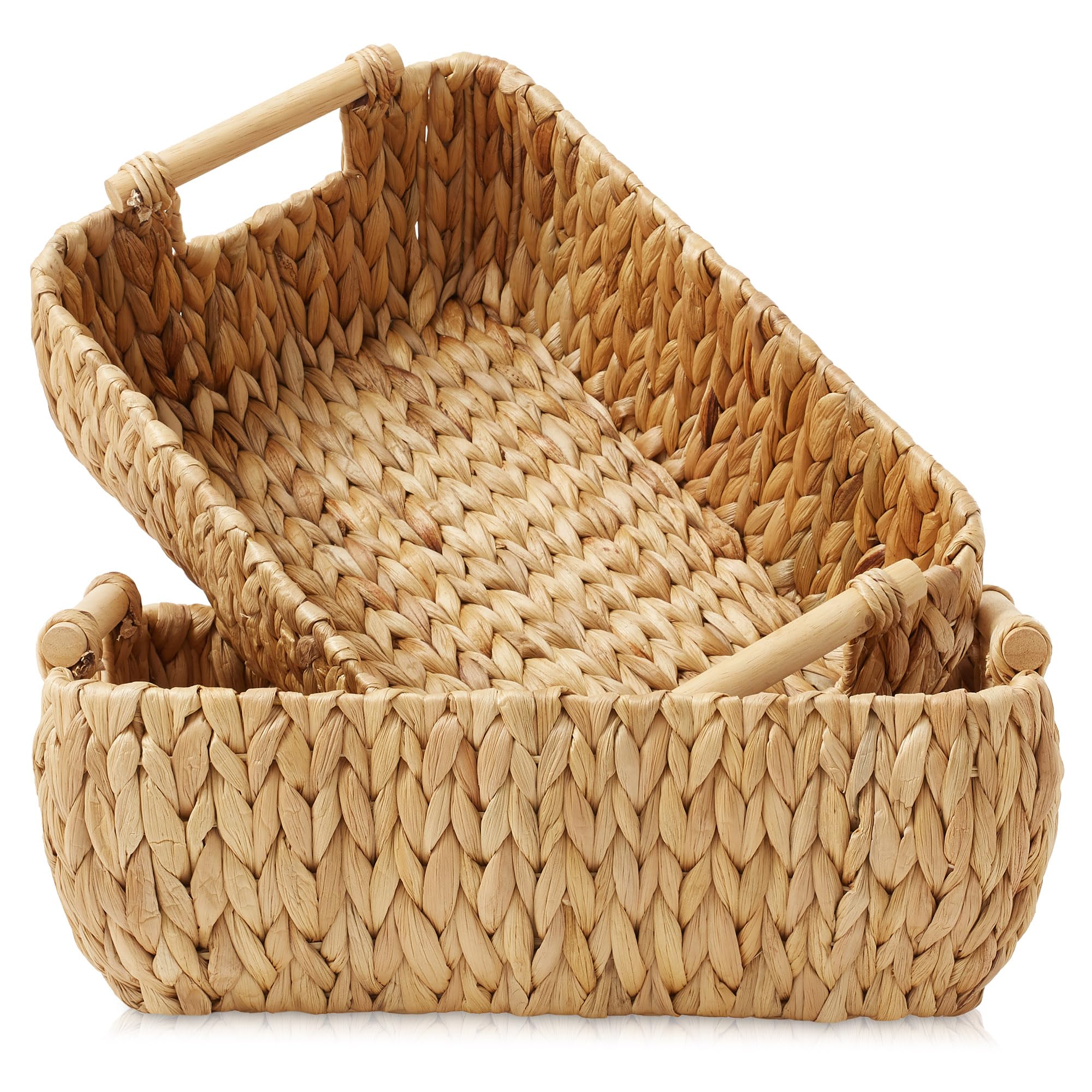 Casafield Set Of 2 Water Hyacinth Oval Storage Baskets With Wooden Handles - Medium, Woven Bin Organizers