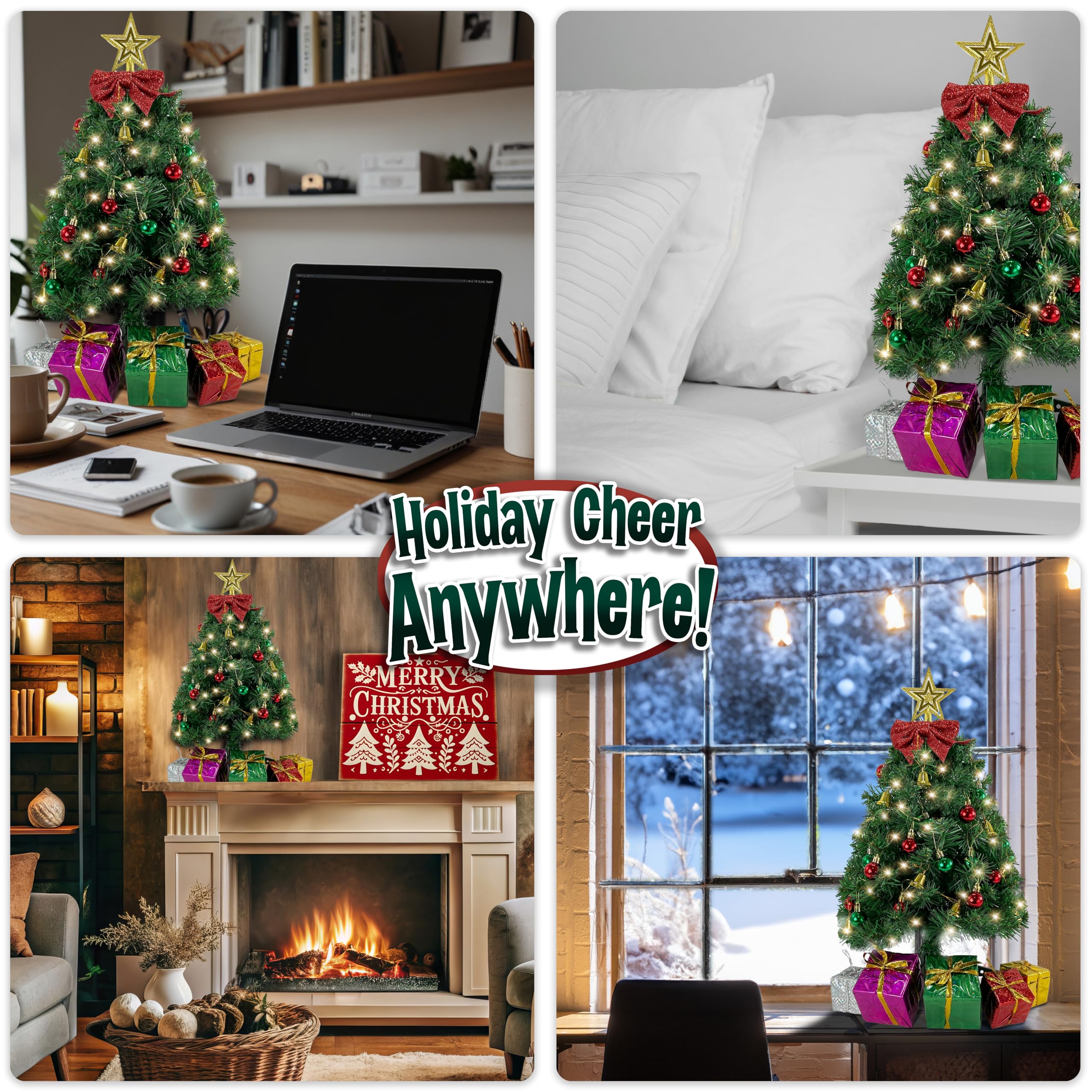 Small Christmas Tree with Lights - 23 Inch Mini Tabletop Christmas Tree with Warm-White LED Lights, Hanging Ornaments, Decorativ