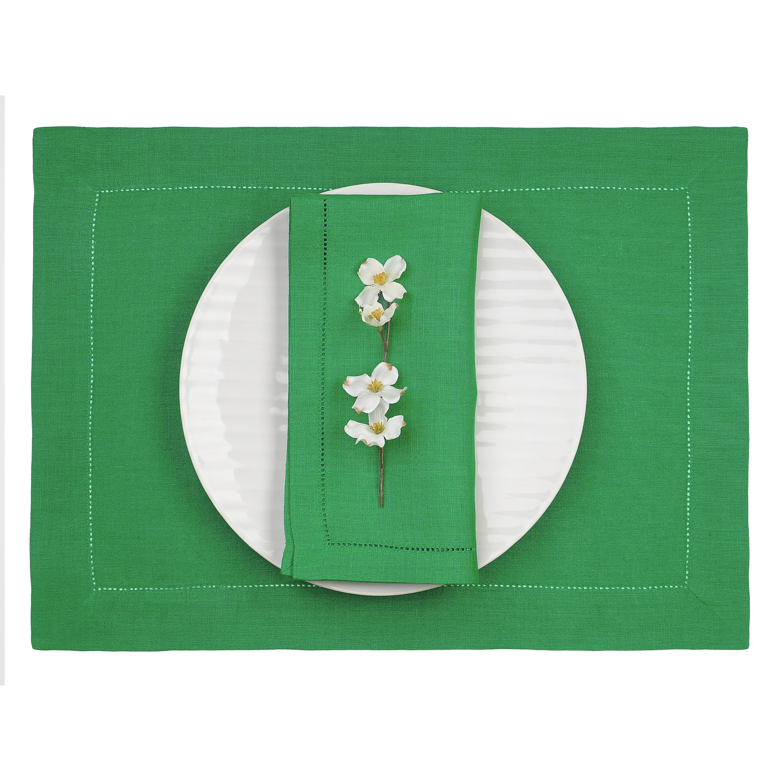 D'Moksha Homes Linen Placemats Set Of 4-100% Pure Linen Kelly Green Placemats 14 X 19 Inch - Classic Hemstitch, Washable Kelly G