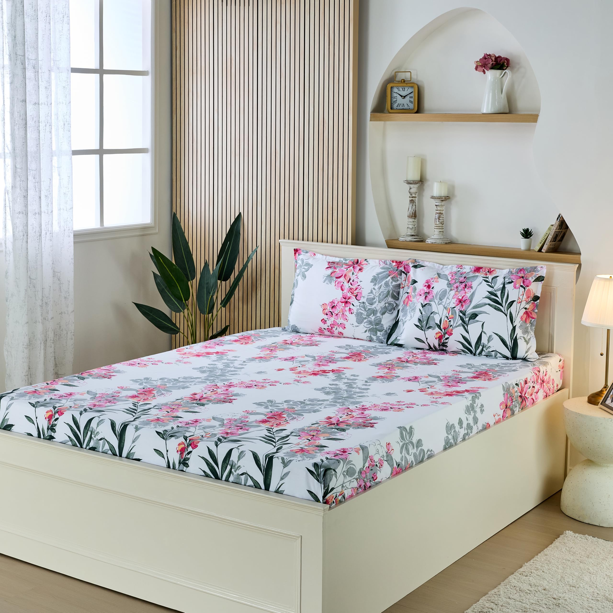 Amazon Brand - Solimo Queen Size Flat 100% Cotton Bedsheet With 2 Pillow Cases | 180 Tc | 90 X 100 Inches | Floral Design (Pink)