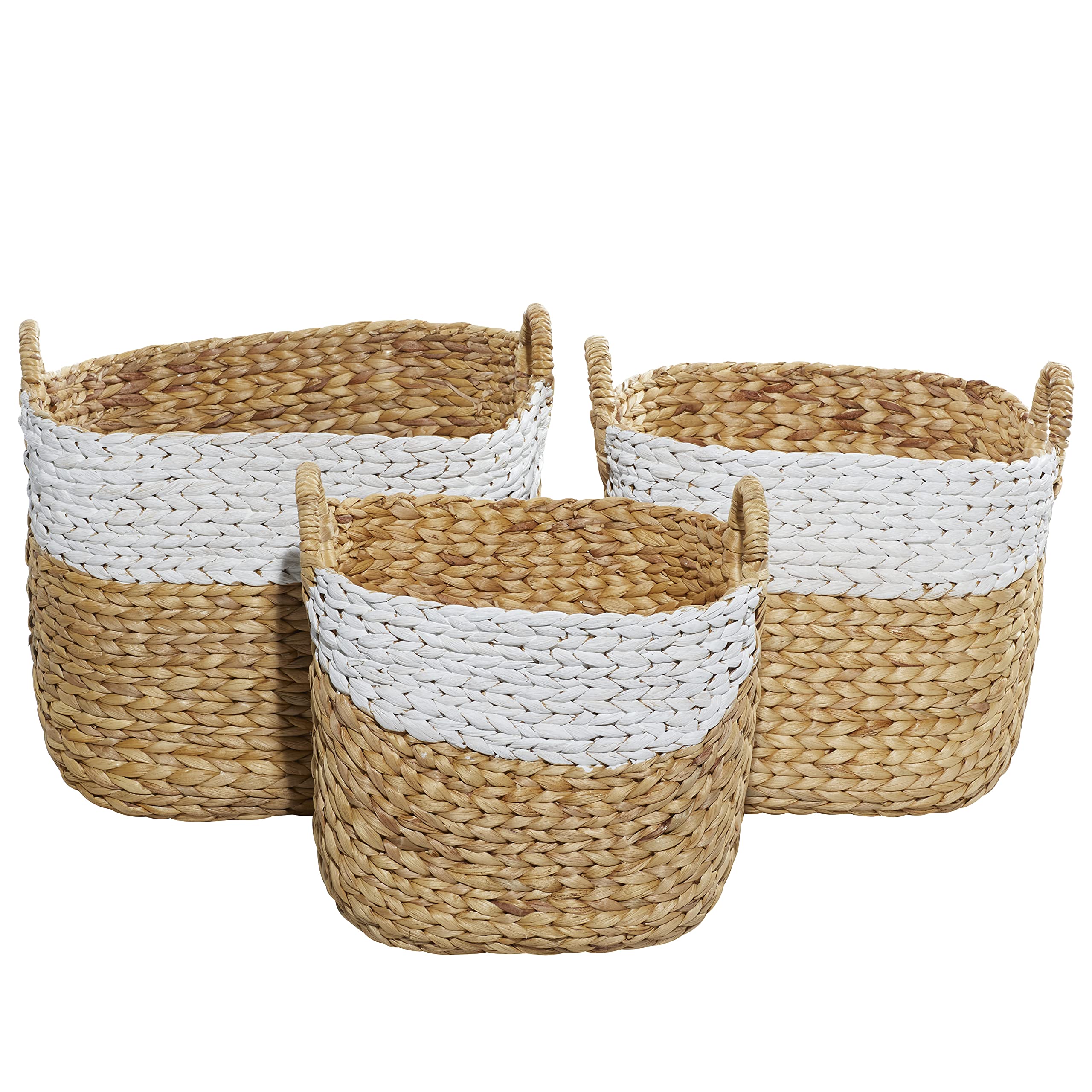 Deco 79 Seagrass Handmade Two Toned Storage Basket with Handles, Set of 3 19, 17, 15W, Brown