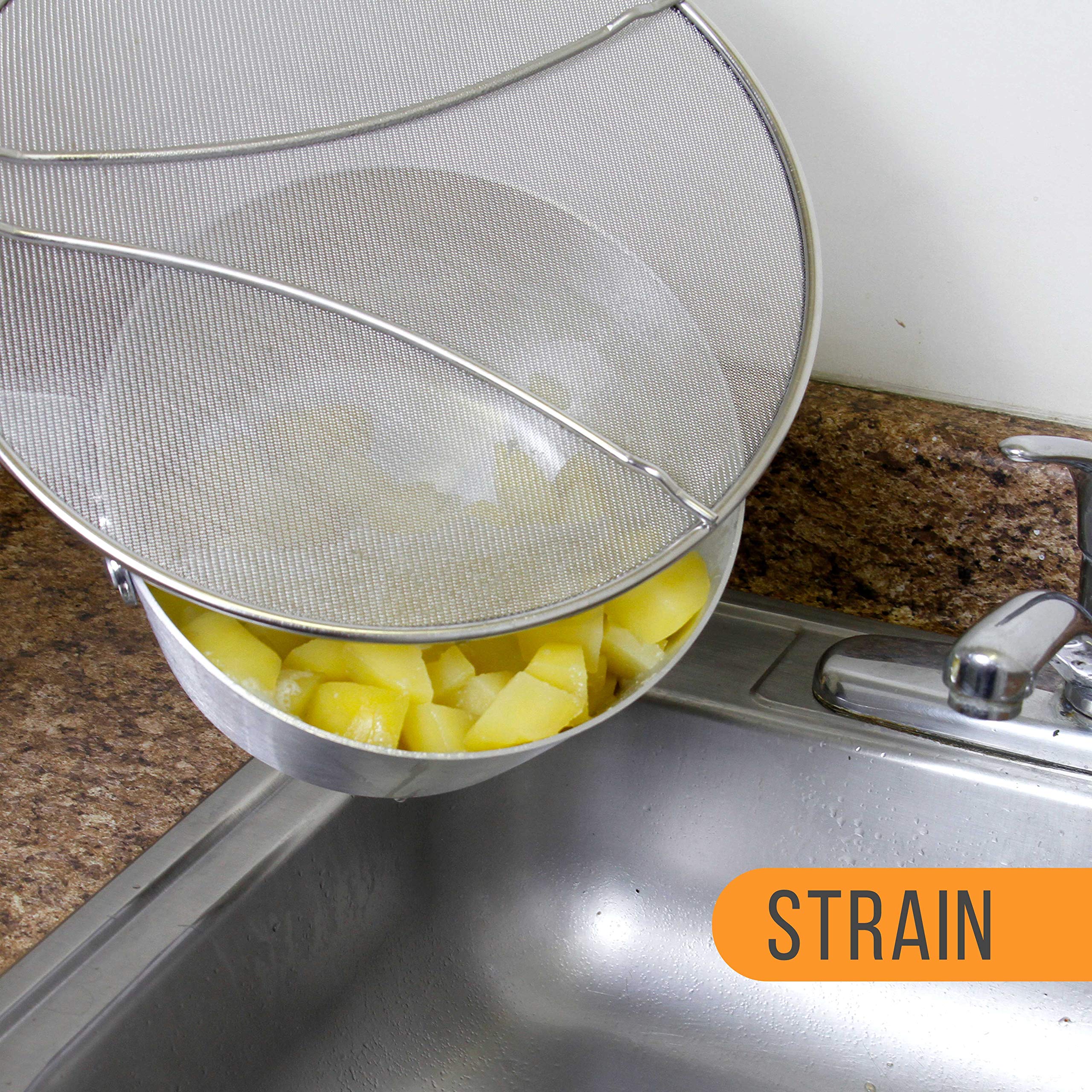 U.S. Kitchen Supply 13'', 11.5'', 9.5'' Stainless Steel Fine Mesh Splatter Screen With Resting Feet Set - Use On Boiling Pots, F