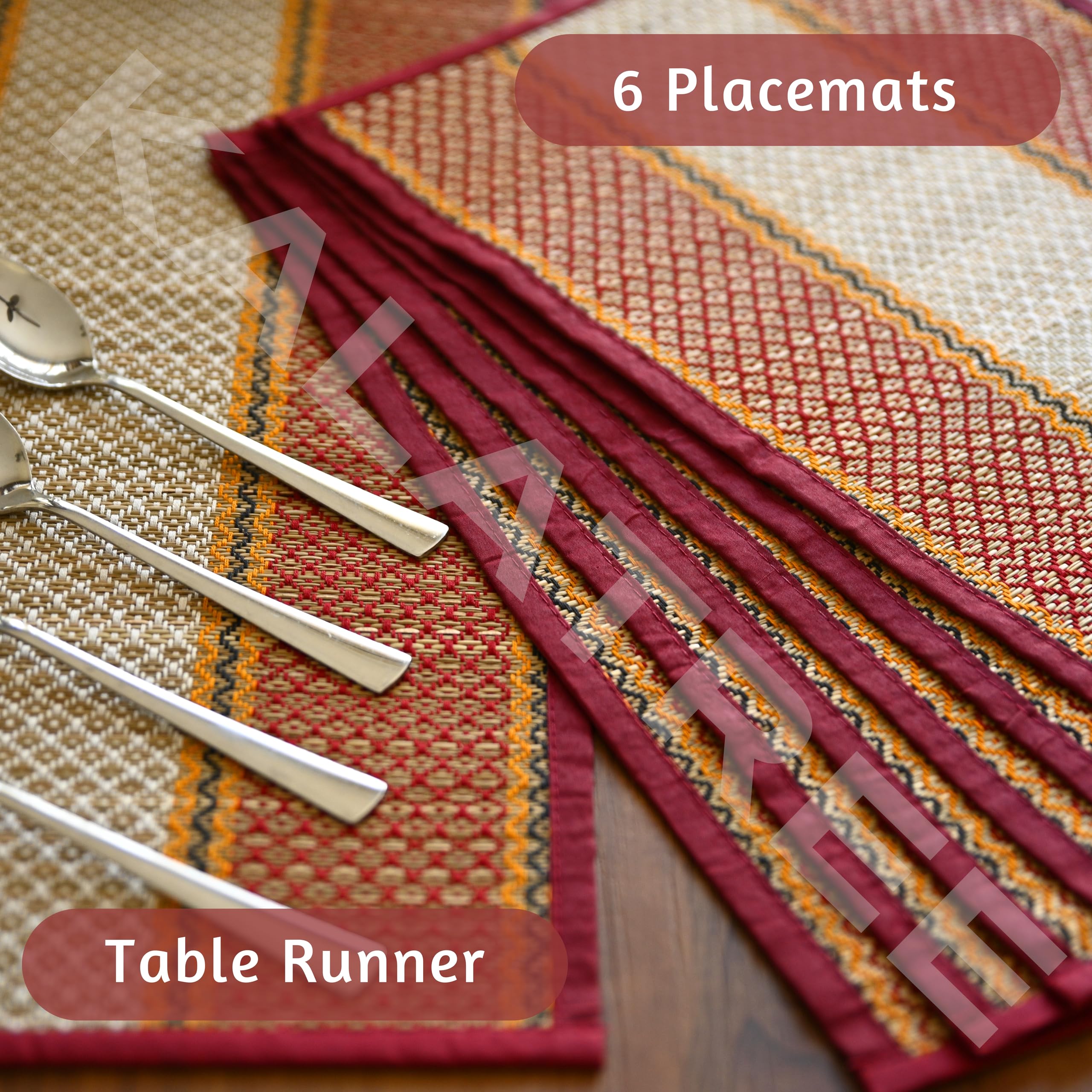 Kalatree Handmade River Grass Dining Table Mats Set Of 6 Pieces & Runner | Heat Resistant Korai Grass Dining Mats | Natural Eco