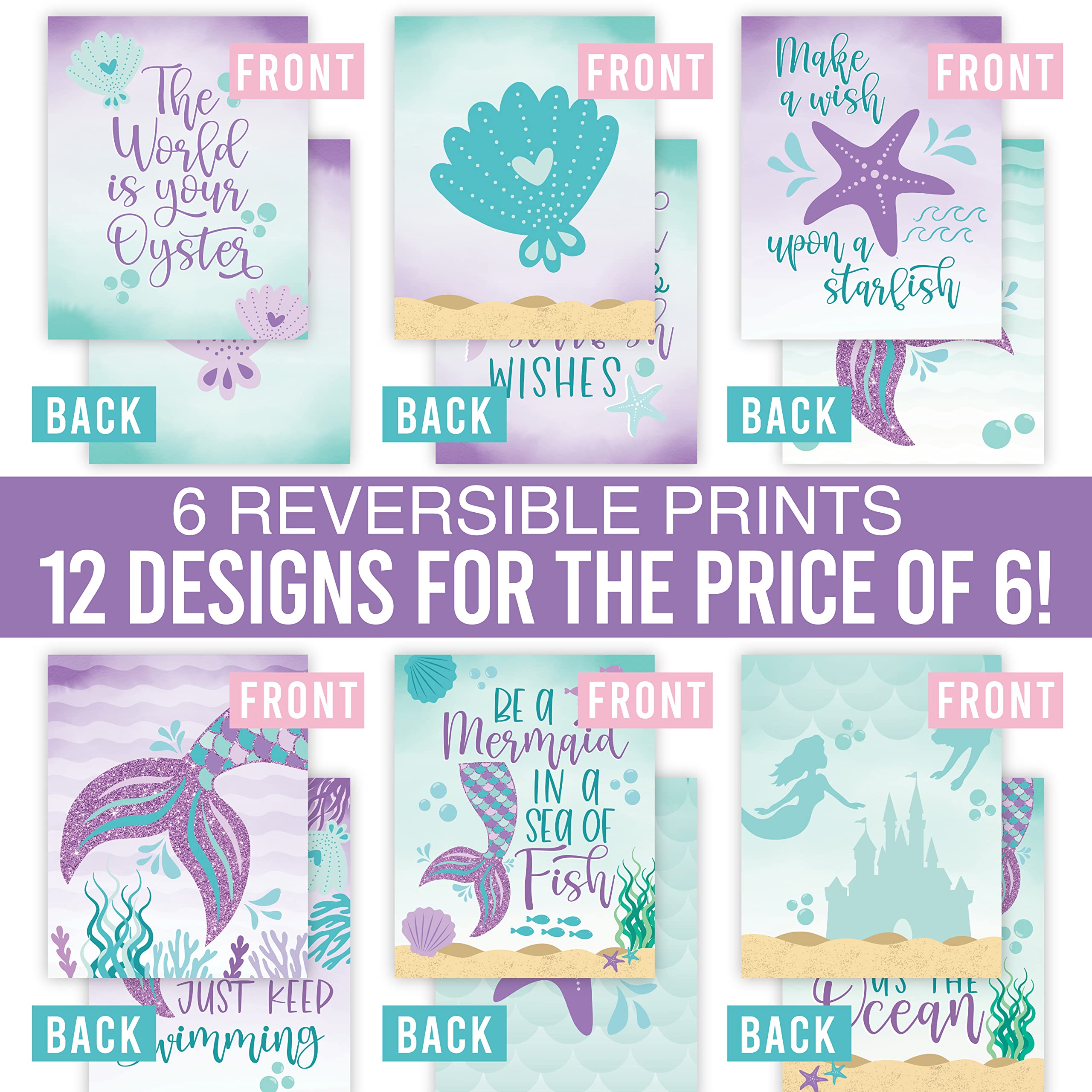 Hadley Designs 6 Reversible 8X10 Mermaid Decor Prints, Mermaid Room Decor For Girls Bedroom, Under The Sea Decorations For Girls