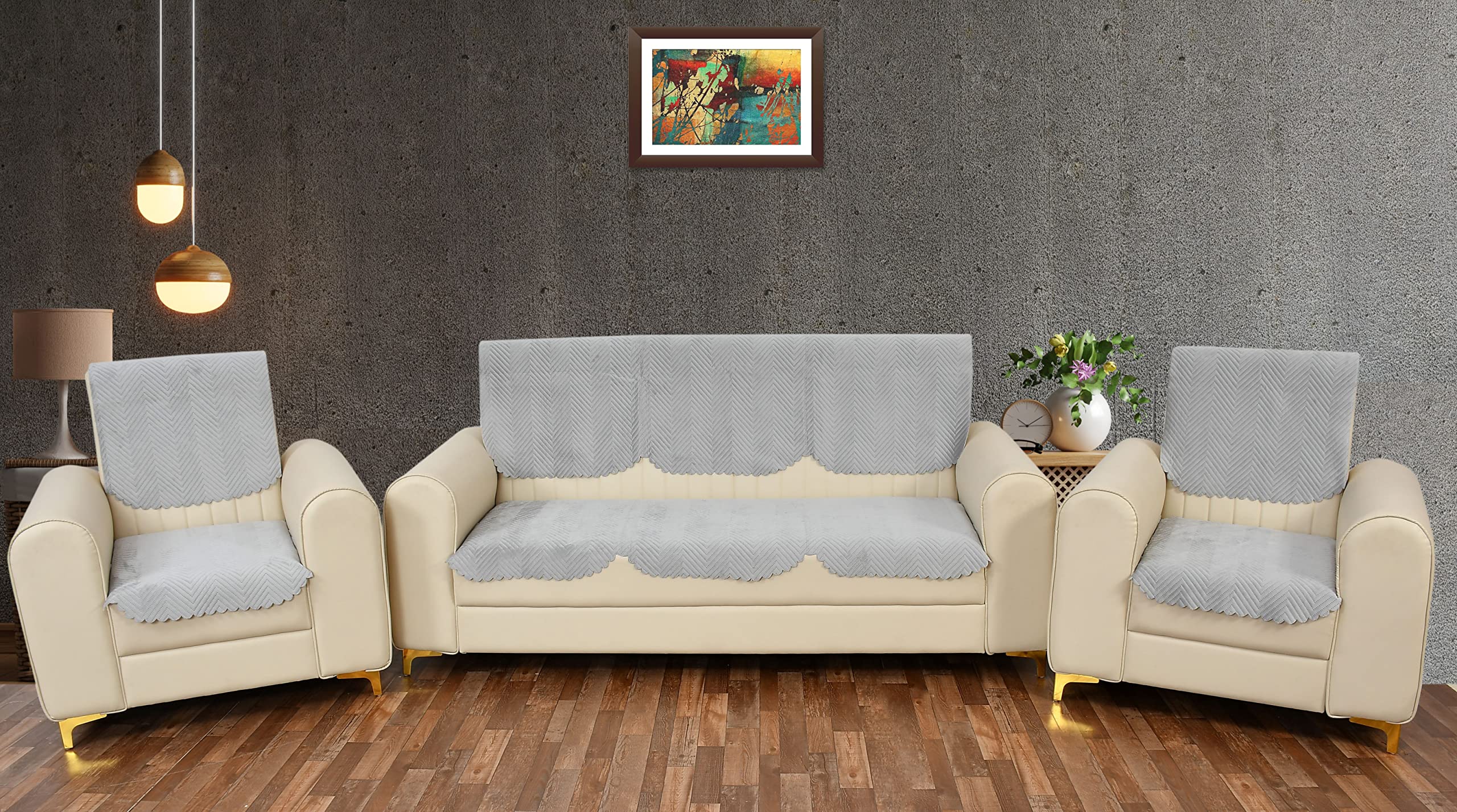 Yellow Weaves Velvet 5 Seater Quilted Sofa Cover And Chair Cover, Seat & Back Cover, Color - Light Grey