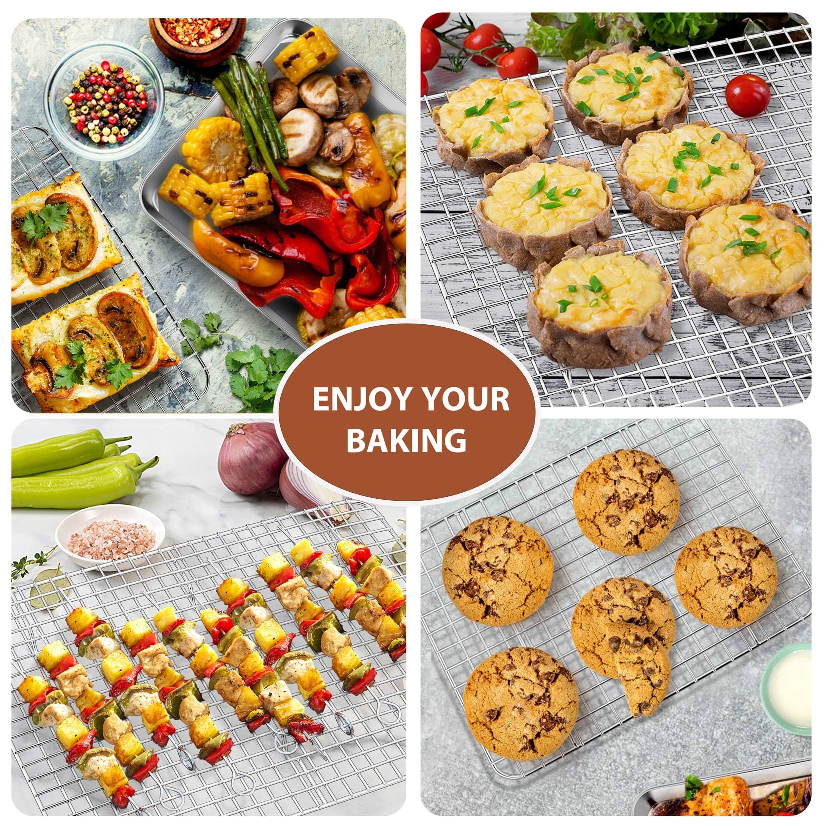 P&P Chef Baking Sheet And Rack Set, 4 Pack (2 Sheets + 2 Racks), 2 Sizes Stainless Steel Baking Pans Cookie Sheets With Cooling