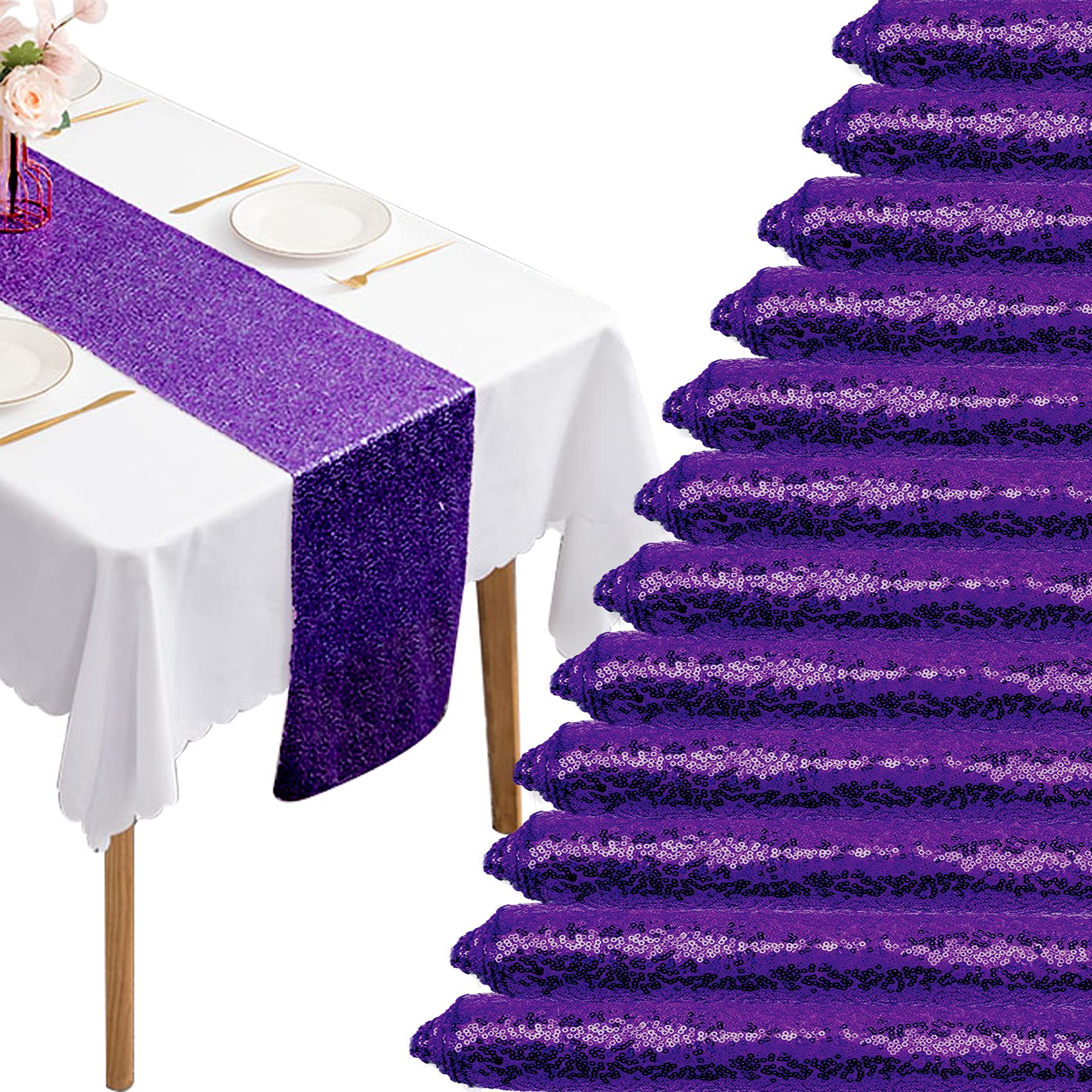 12 Packs 12 X 72 Inch Purple Sequin Table Runner Glitter Dining Table Runner For Birthday Wedding Engagement Bridal Baby Shower