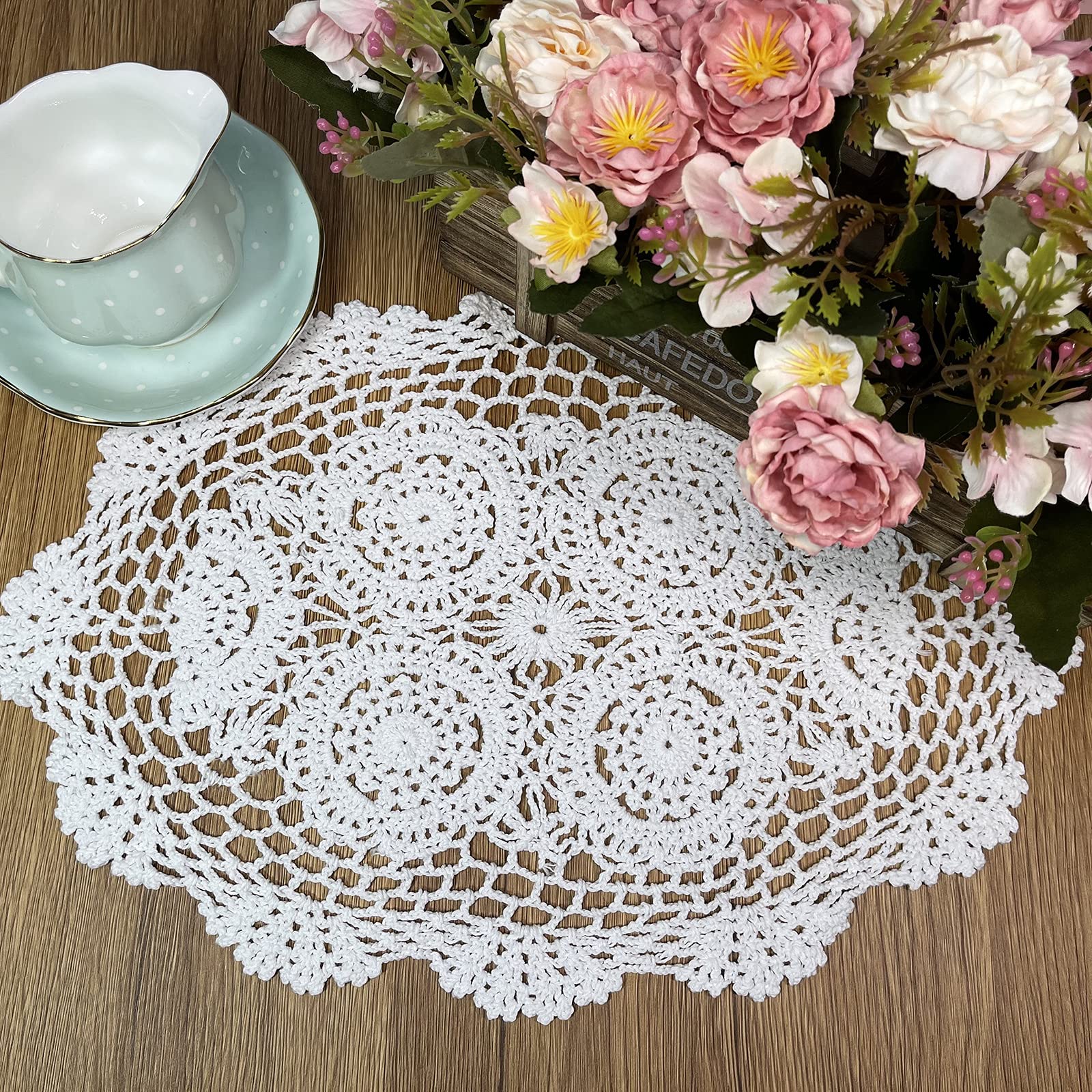 Phantomon Handmade Crochet Cotton Lace Placemats Doilies Cloth Crochet Coasters, Pack Of 4, Oval Shape, White, 12 X 17 Inch (Whi