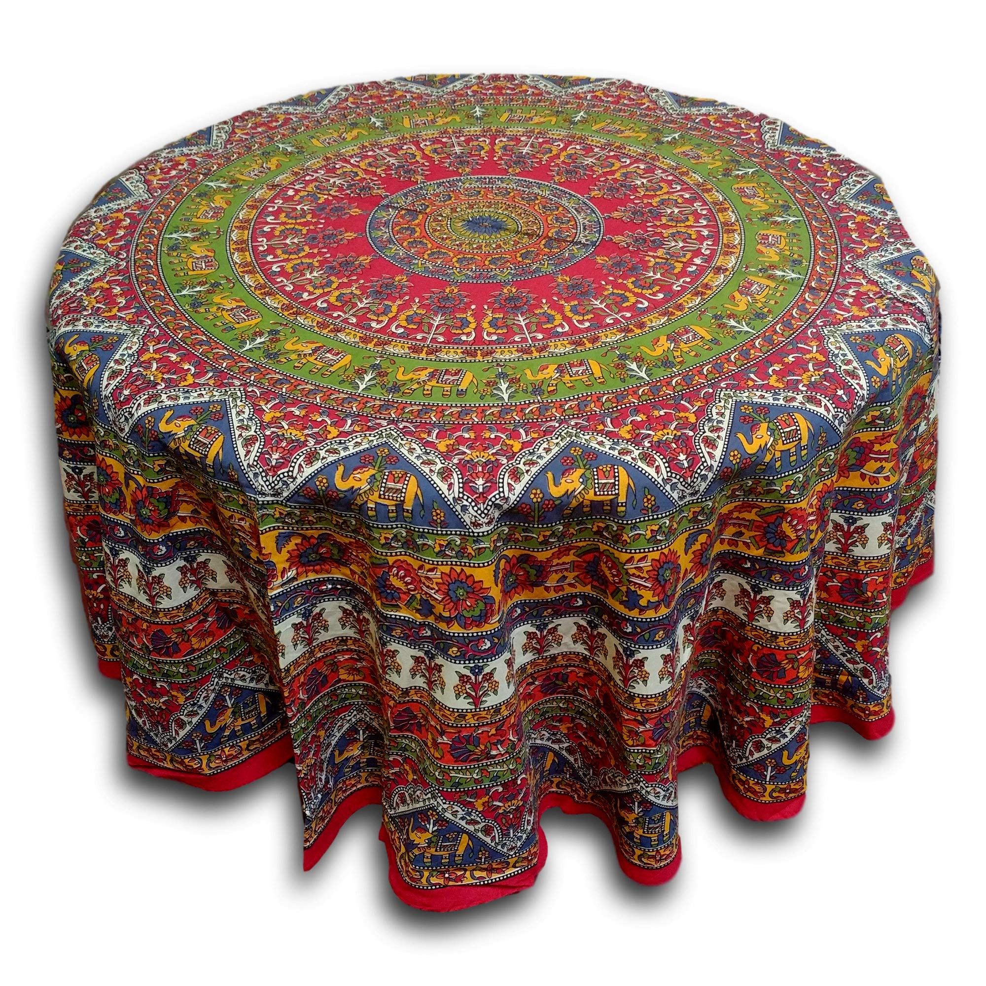 India Arts Elephant Mandala Floral Print Red Tablecloth Round For Dining And Kitchen Cotton Table Linen Red Green Blue