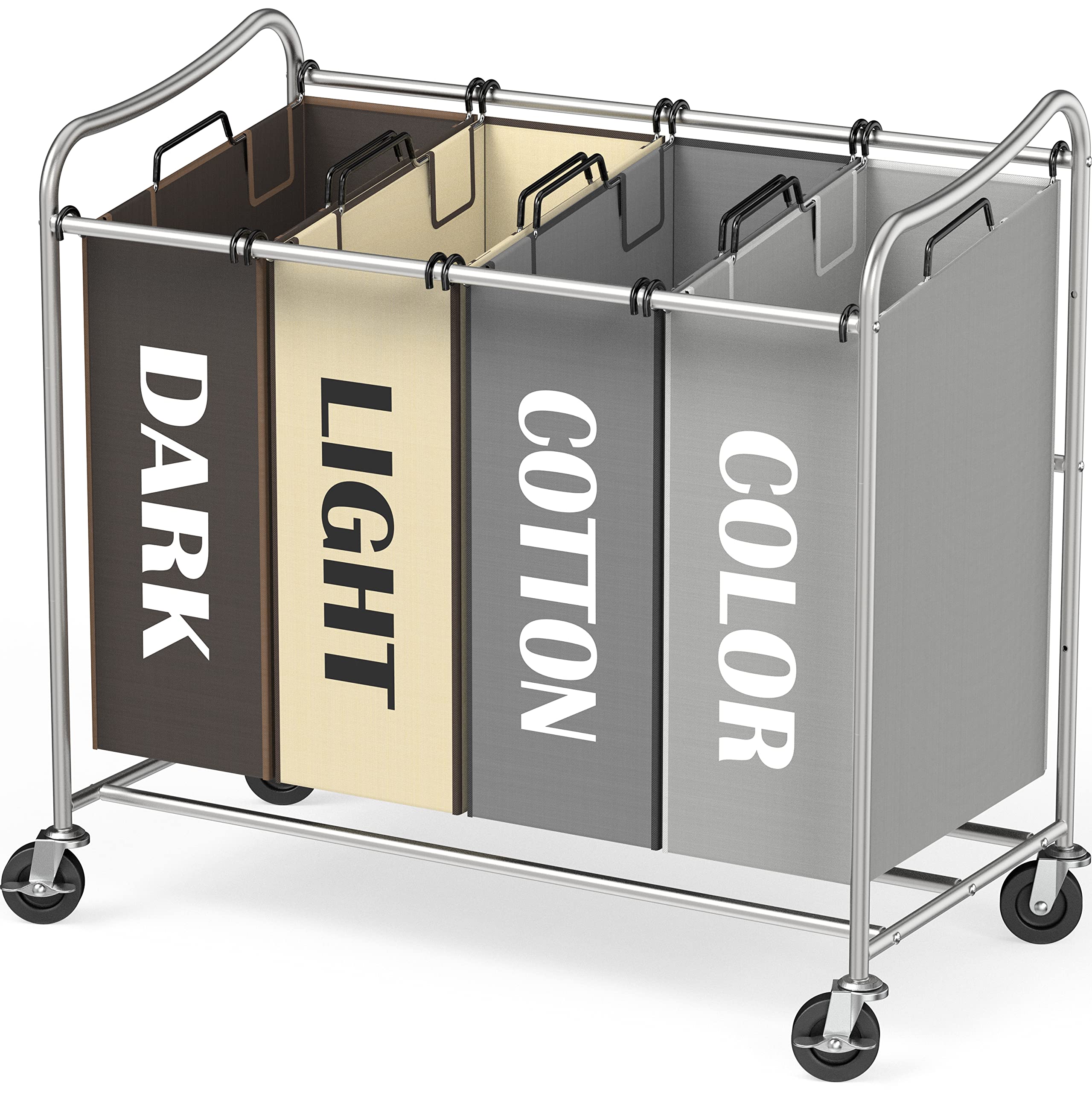 Simplehouseware 4-Bag Heavy Duty Laundry Sorter Rolling Cart, Silverassorted Bags