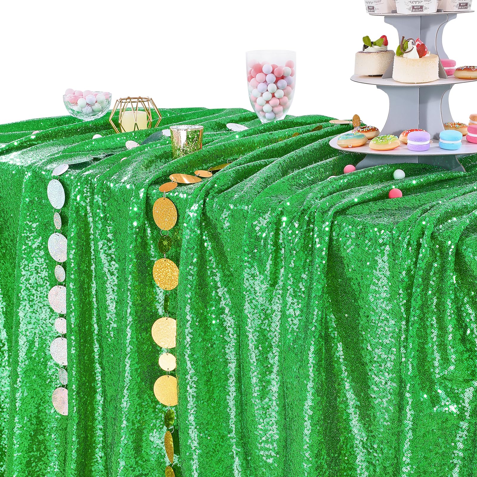 Queendream Sparkly Sequin Tablecloth - Green Table Cloth 50X80 Inches Rectangle Table Overlay Fabric For Birthday Parties Baby S