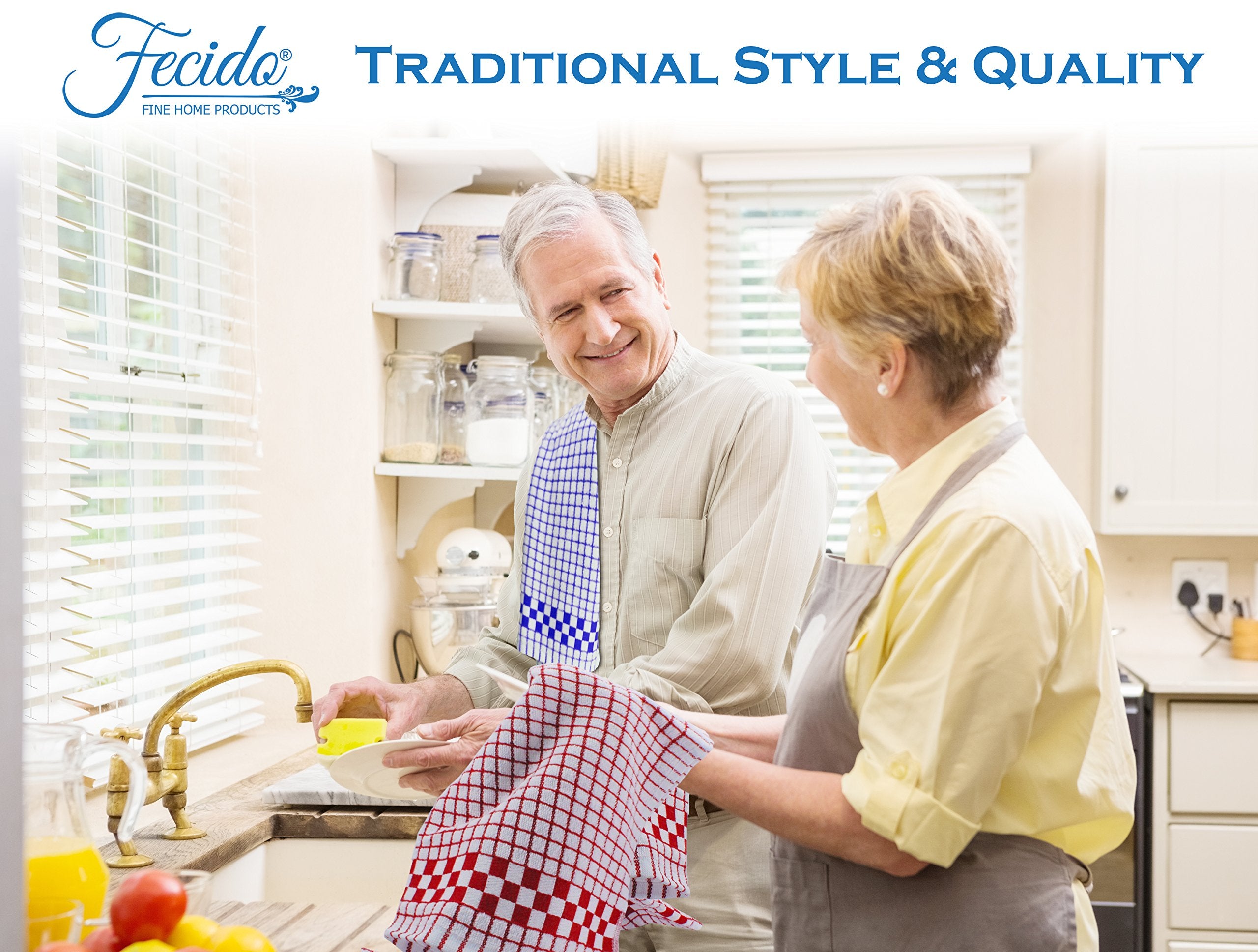 Fecido Classic Kitchen Dish Towels With Hanging Loop - Heavy Duty Absorbent Dish Clothes - European Made 100% Cotton Tea Towels