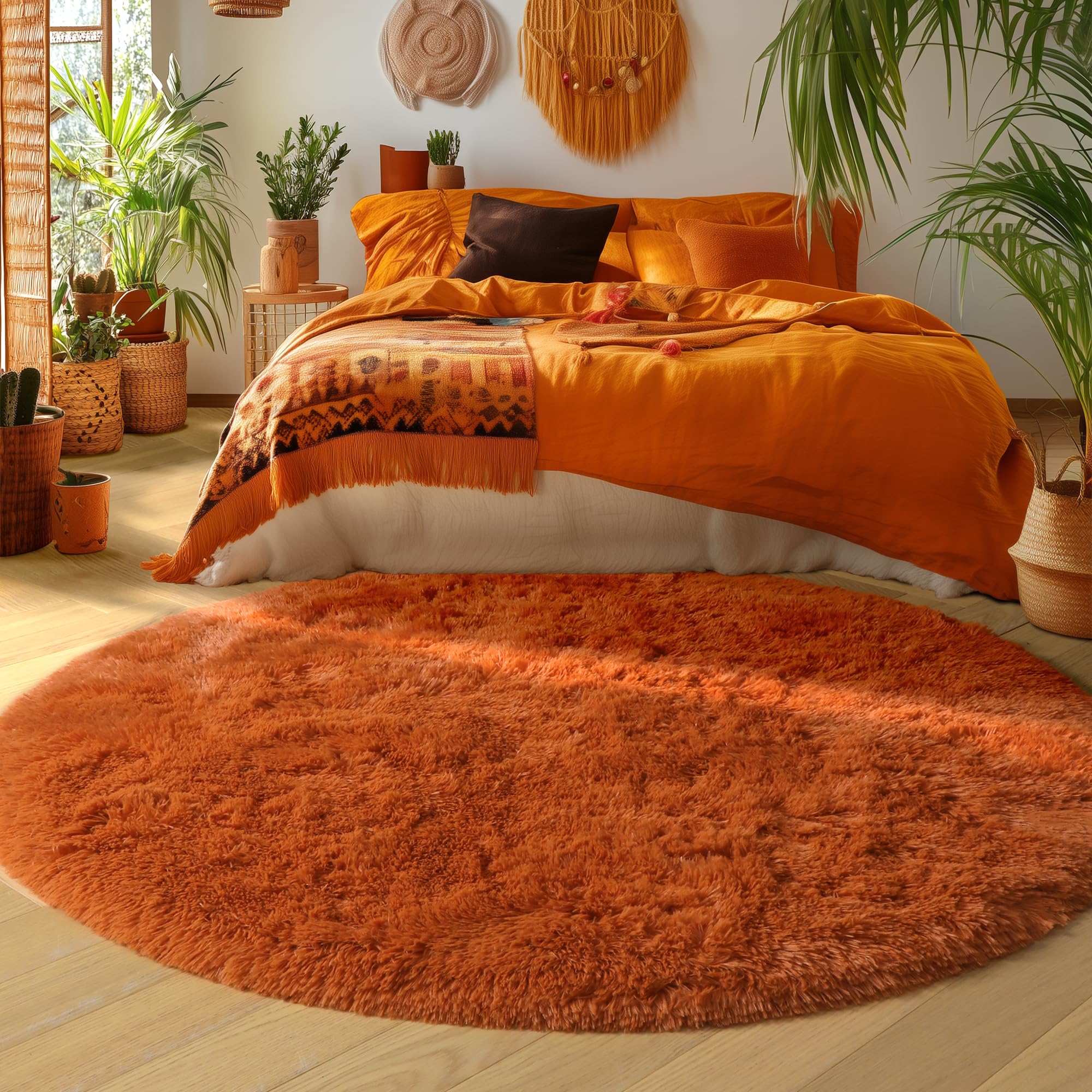 Amdrebio Burnt Orange Round Circle Rug 6Ft for Bedroom Living Room, Fluffy Shaggy Furry Fuzzy Area Rugs for Kids Room Decor Aest