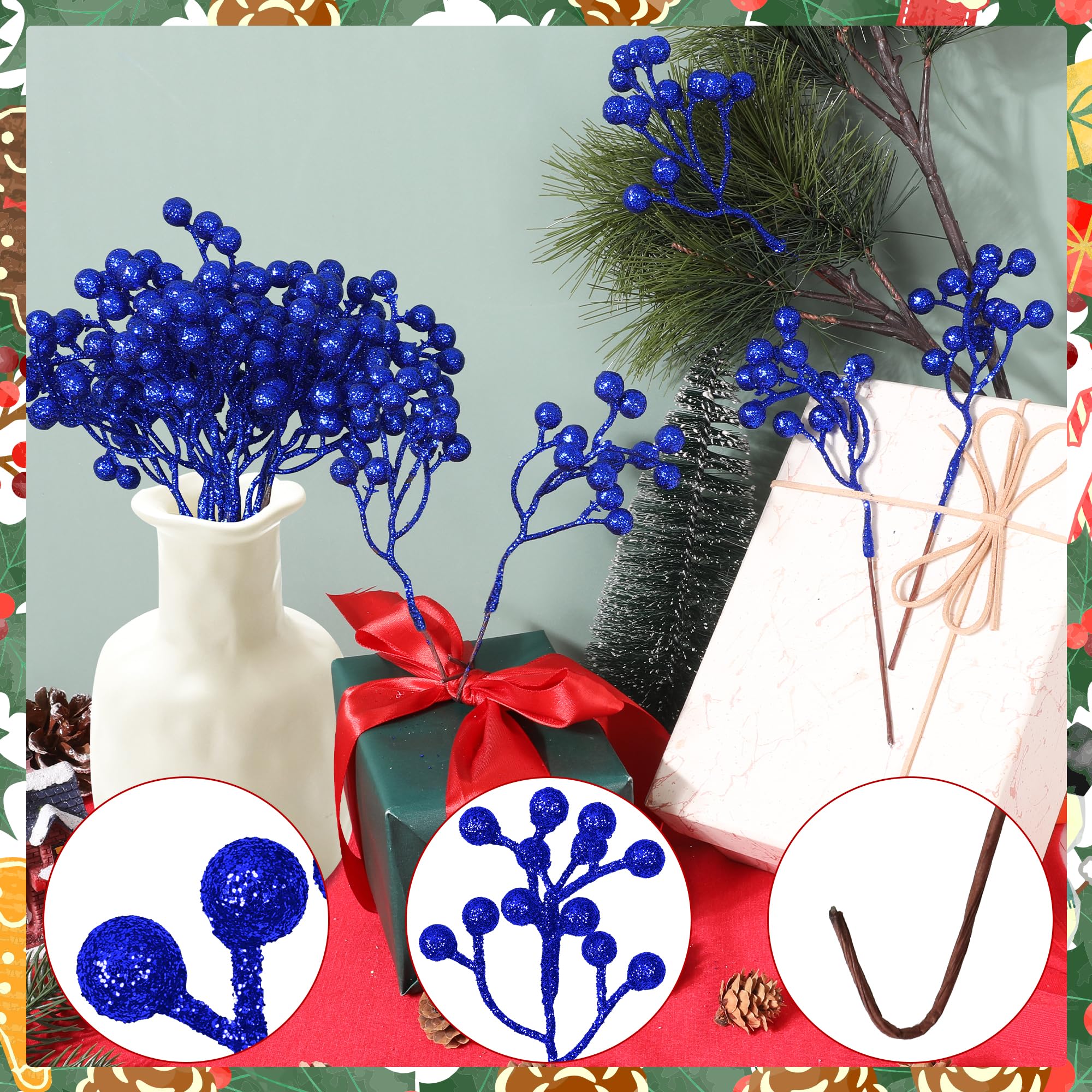 Vipay 24 PCS Christmas Tree Decor, 7.08 in Blue Berry Stems, Artificial Berry Picks Holly Berry Branches for Floral Decor Wreath