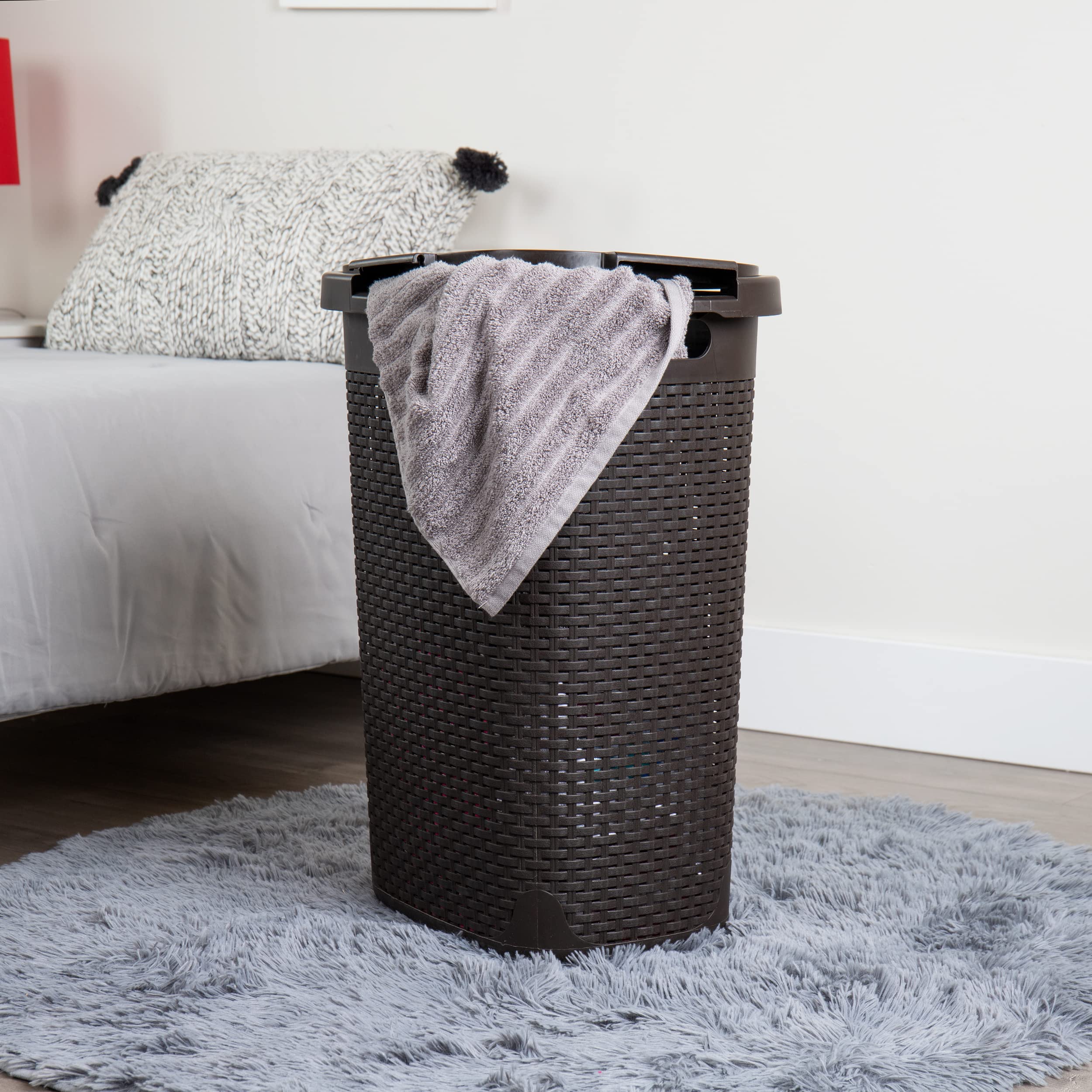 Mind Reader 60L Slim Laundry Hamper, Clothes Basket, Lid, Wicker Style, Plastic, 17.65''L X 13.75''W X 24.15''H, Set Of 2, Brown