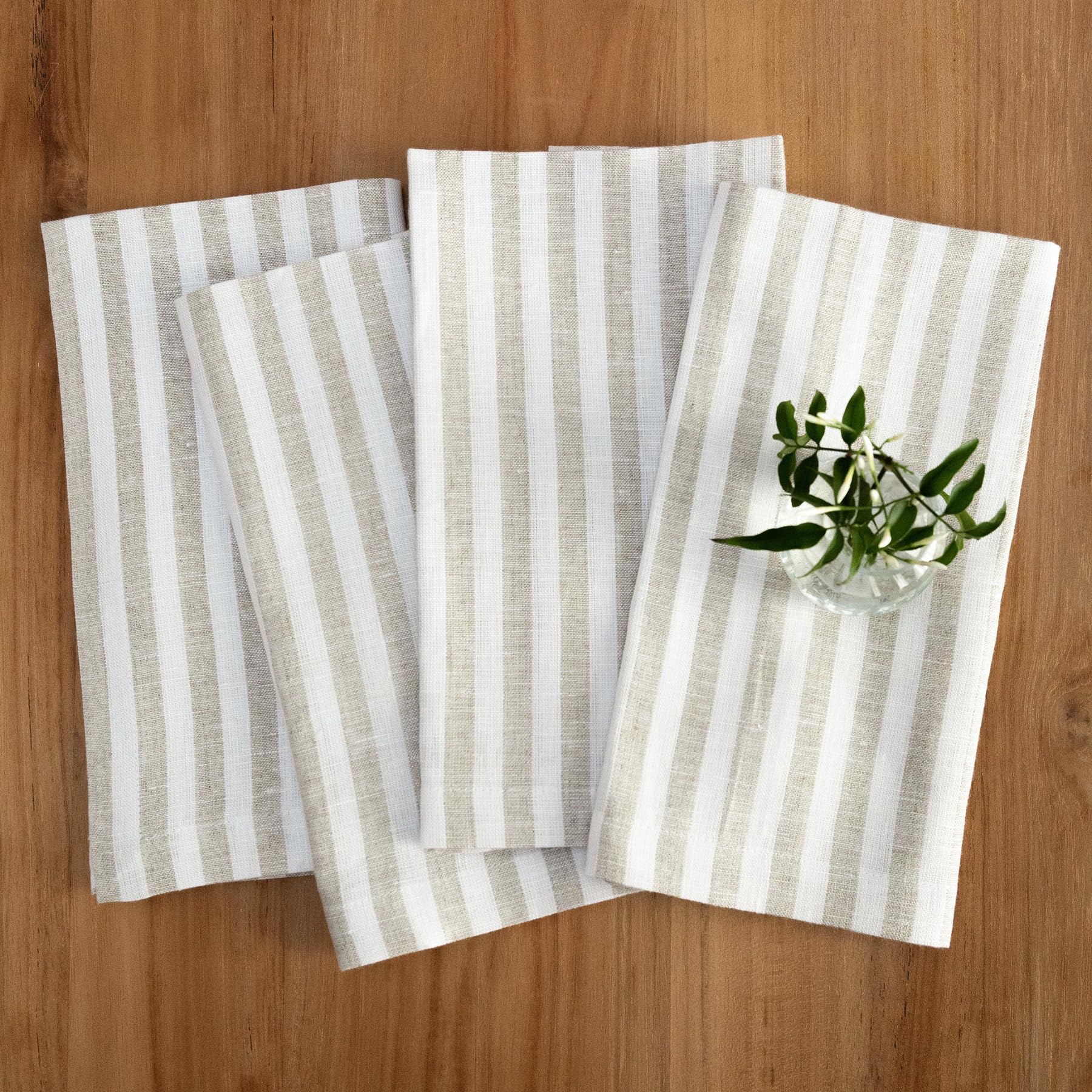 Solino Home Stripe Linen Dinner Napkins 20 X 20 Inch - 100% Pure Linen Natural And White Cloth Napkins Set Of 4 - Amalfi Stripe,