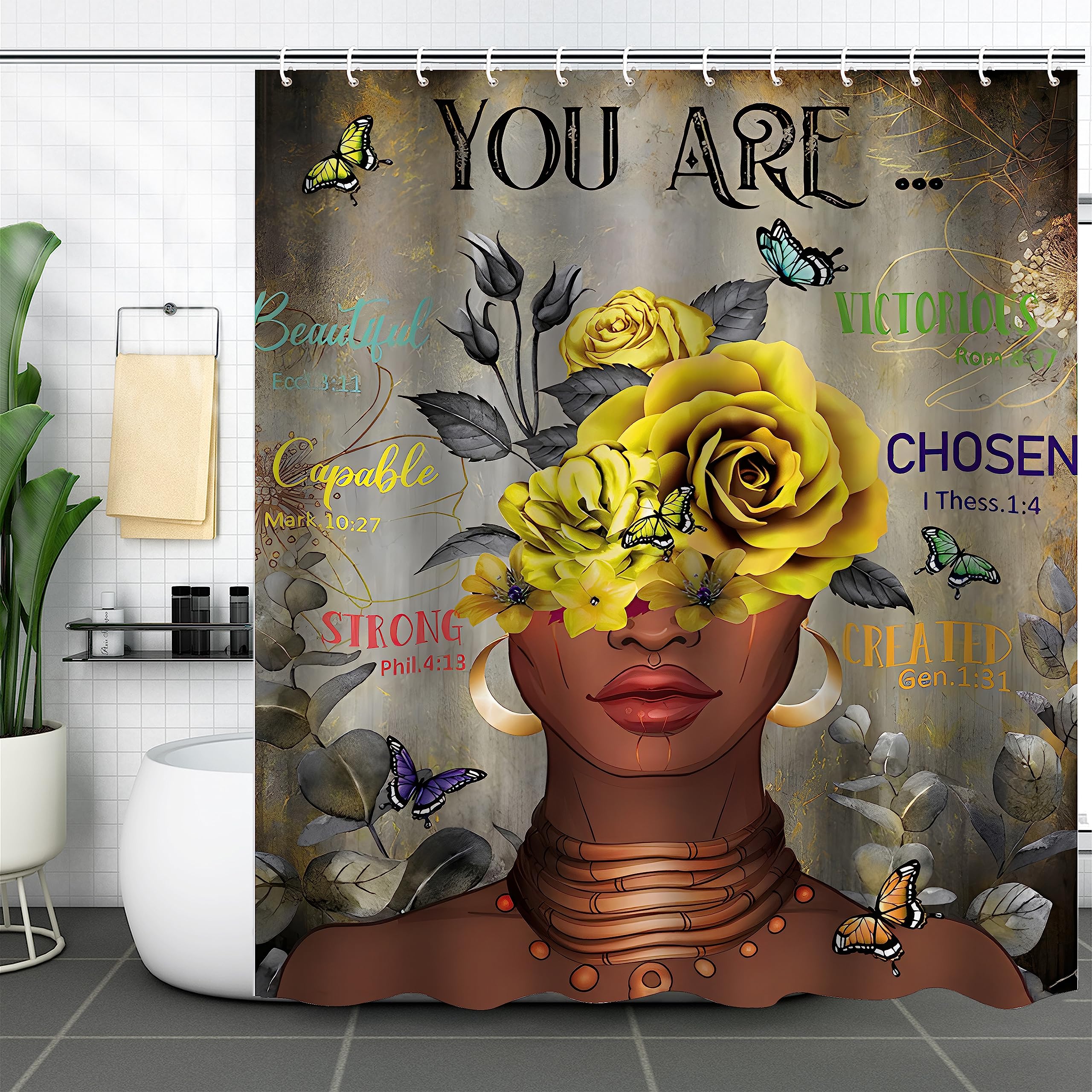 African Woman Shower Curtain Afro American Black Girl Fabric Shower Curtain Rose Gold Shower Curtains Inspirational Quotes Water