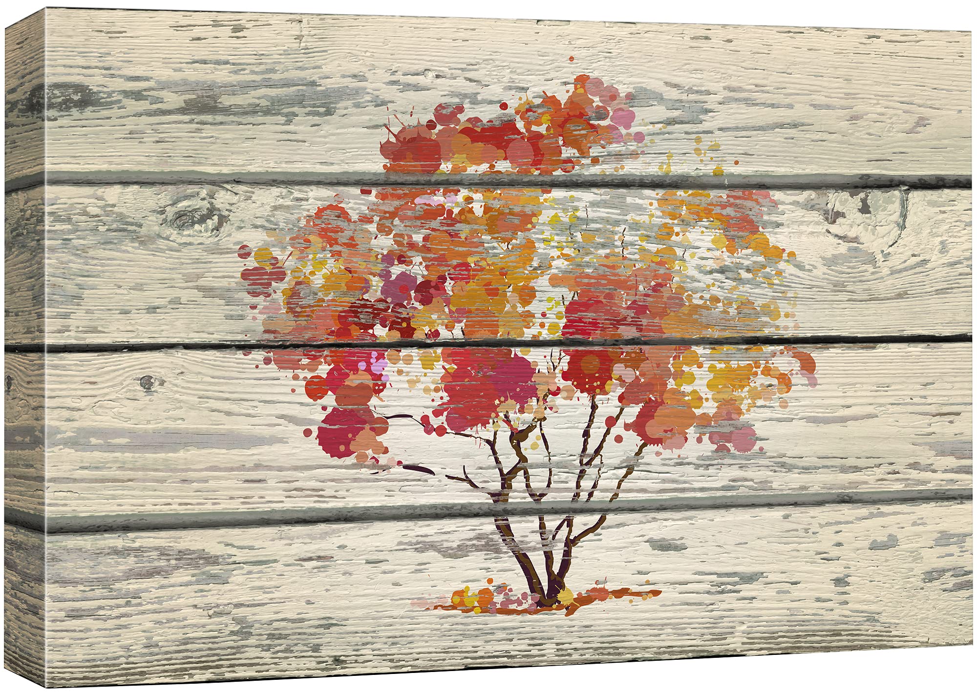 Wall26 Canvas Print Wall Art Vintage Red & Orange Tree On Wood Panels Floral Plants Illustrations Modern Art Rustic Scenic Relax