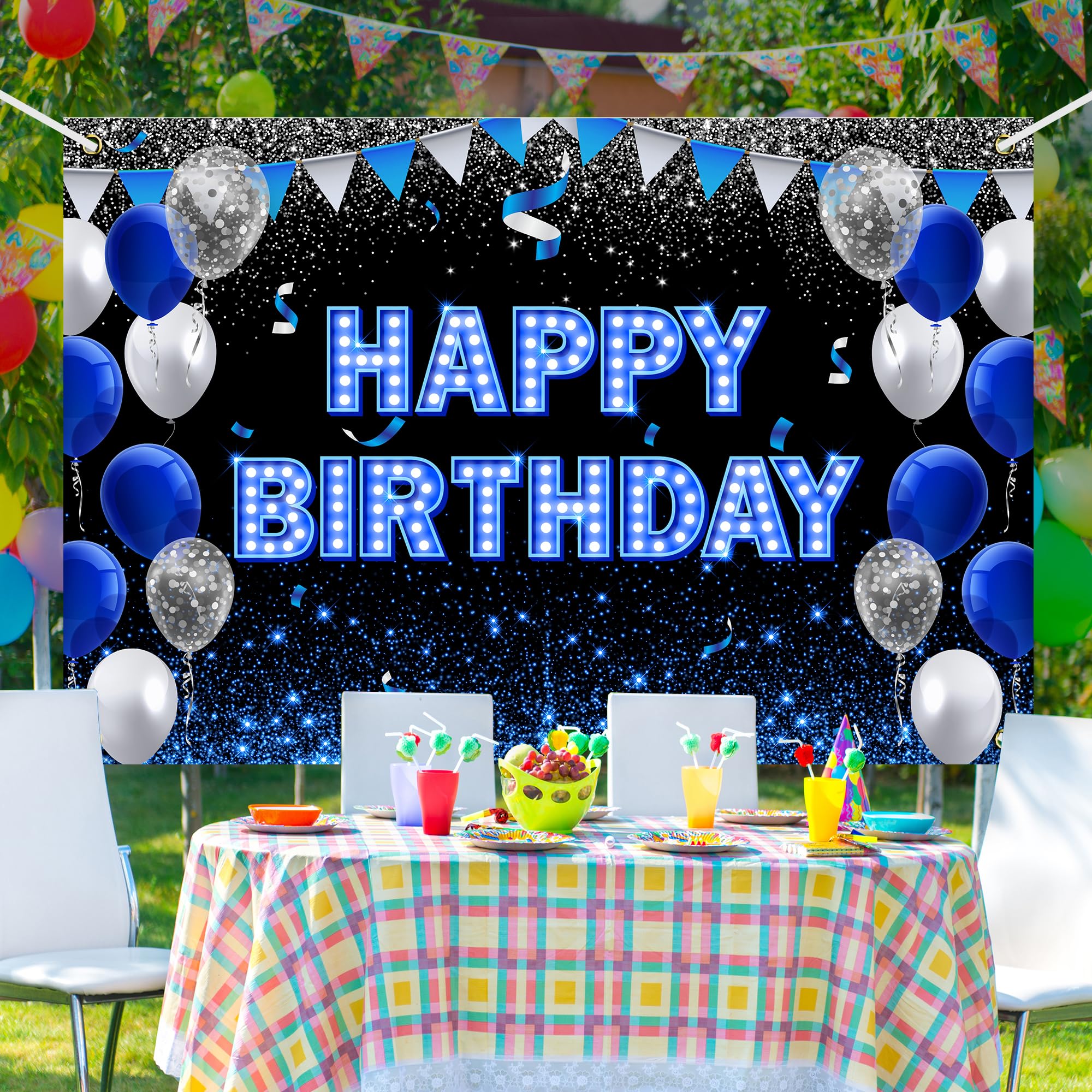 Happy Birthday Backdrop Banner Blue Black Theme Background With Neon Light Shiny Fashion Birthday Party Photo Photography Prop B
