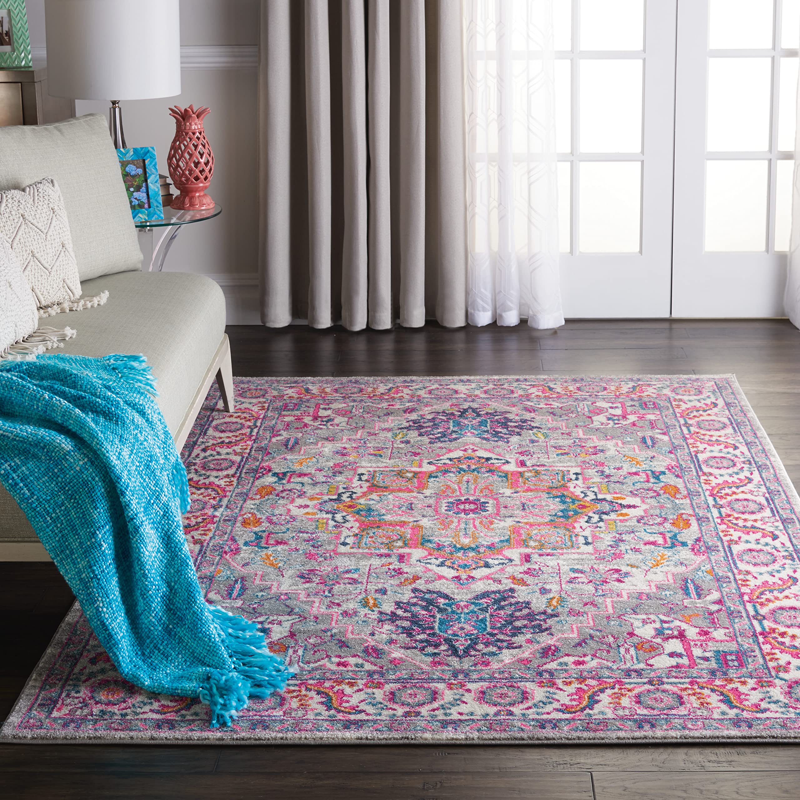 Nourison Passion Persian Boho Light Grey/Pink 53 x 73 Area Rug, (5 x 7), 5 ft x 7 ft