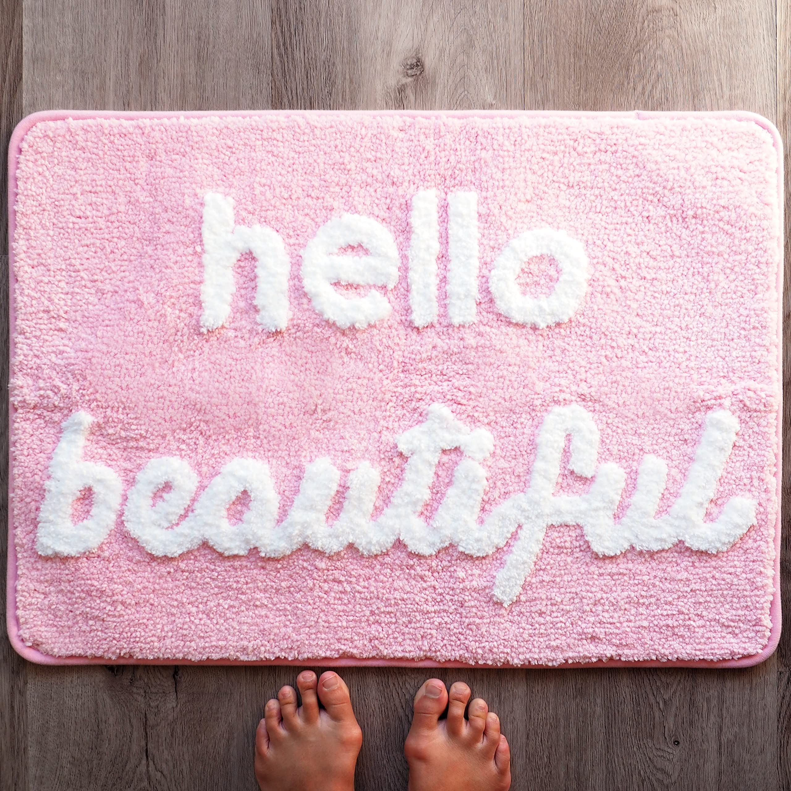 Evovee Hello Beautiful Bath Mat Light Pink Blush Peach Coral Cute Bathroom Rugs For Girls You Look Good Gorgeous Funny Shower Fu