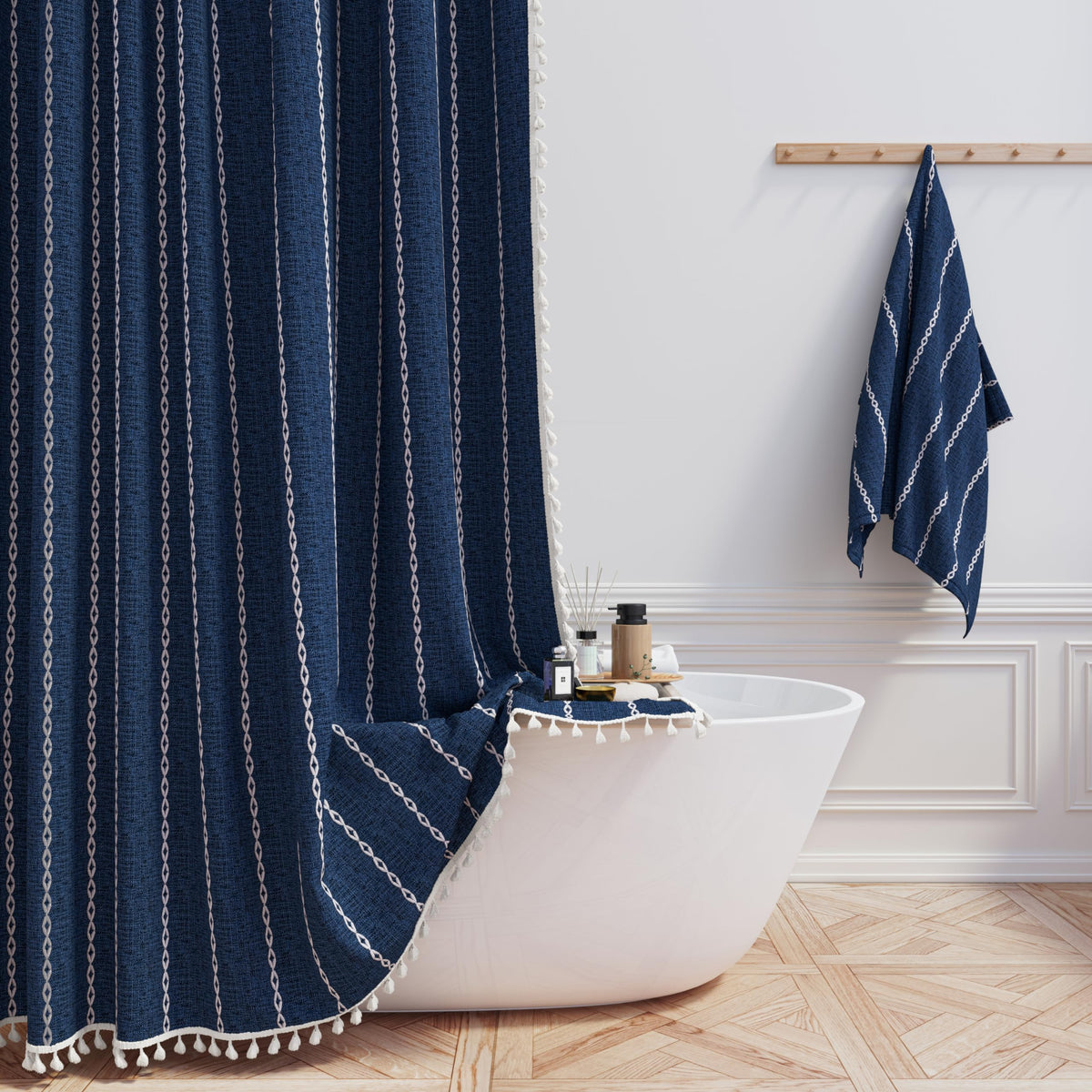 Bttn Extra Long Shower Curtain, 72X96 Long Striped Boho Chic Linen Fabric Heavy Duty Shower Curtain Set With Hooks, Tall Bohemia