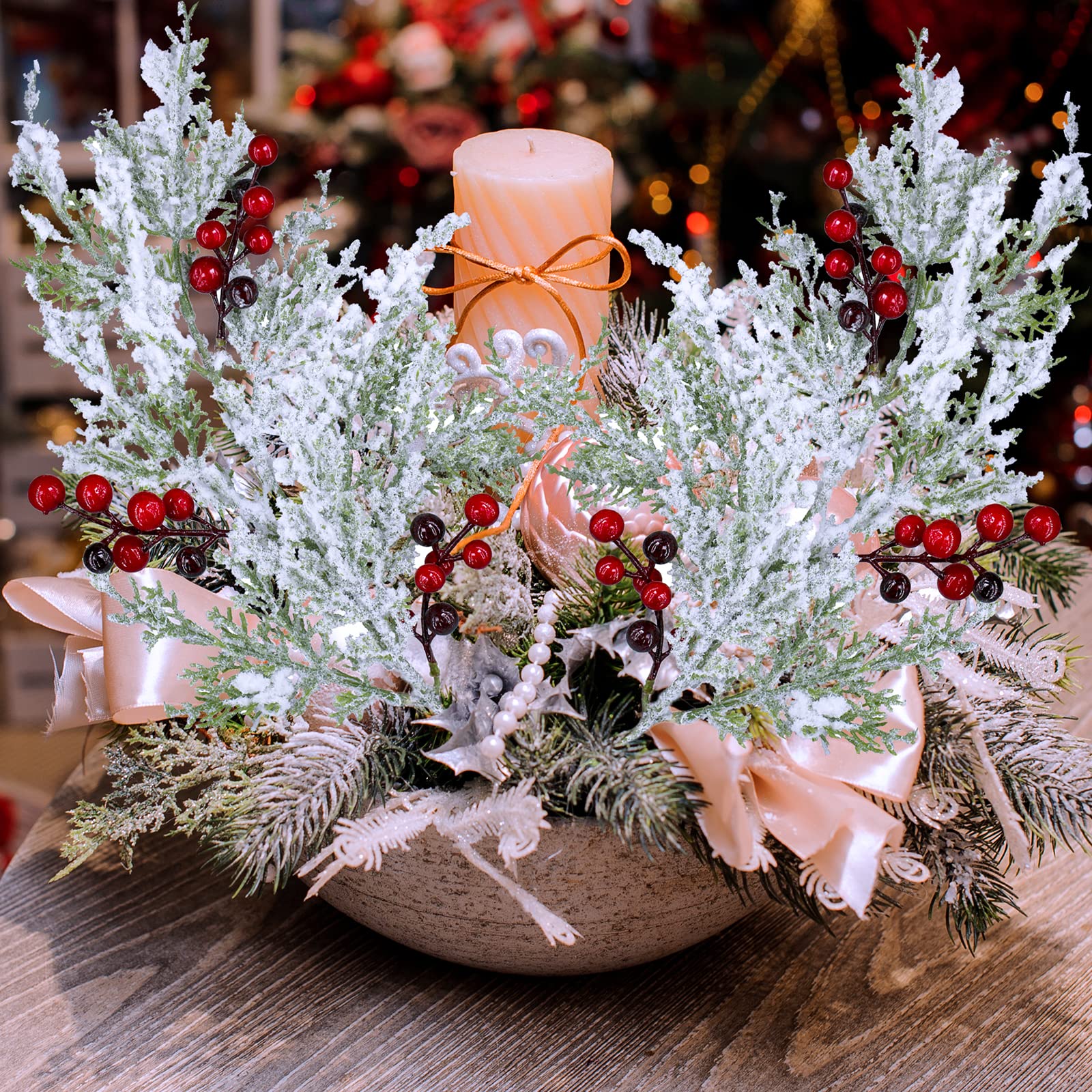 Winlyn 6 Pcs Snowy Artificial Cedar Picks with Red Berries Frosted Faux Cedar Sprays Christmas Cedar Greenery Branches Stems for