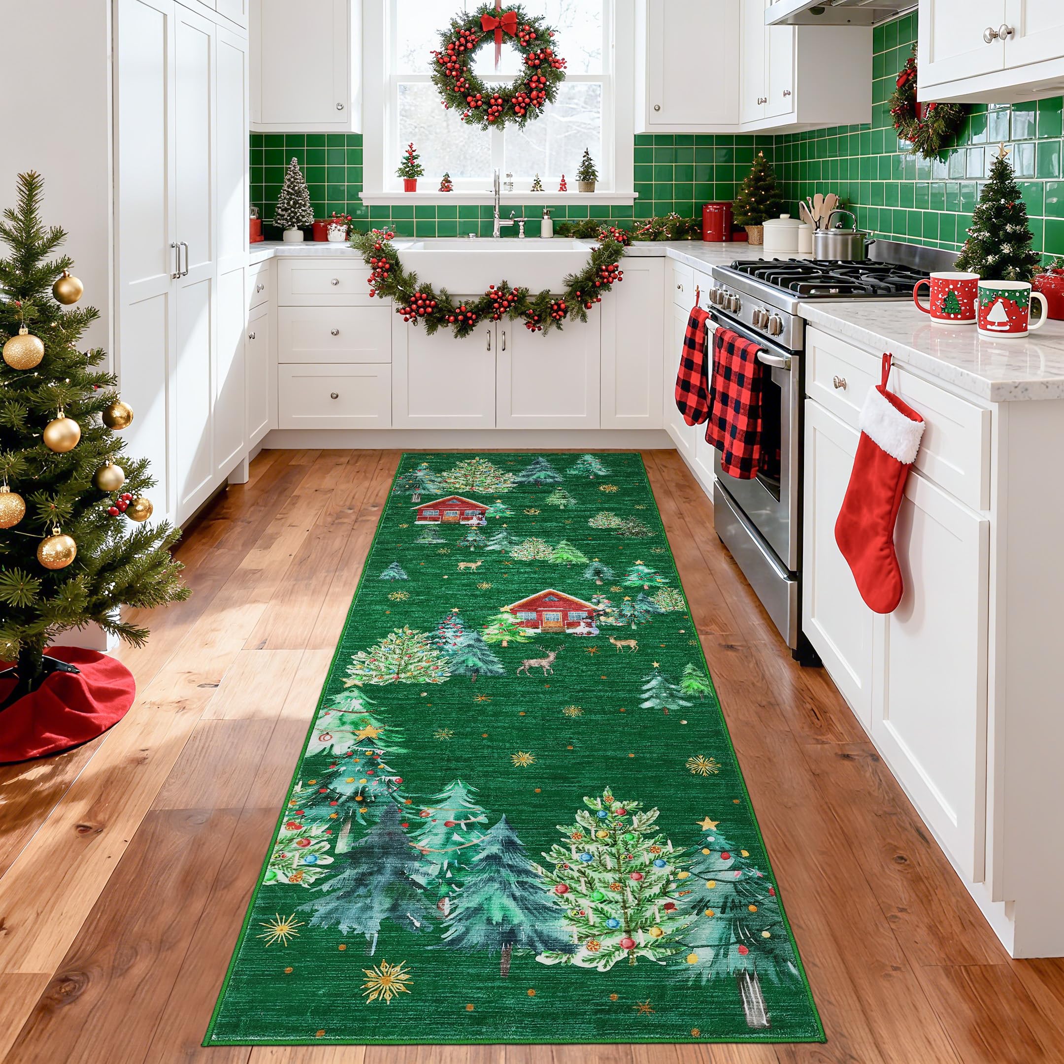 GarveeHome Christmas Washable Runner Rug 2x8 Kitchen Rugs Non Slip Bath Rugs Low Pile Entryway Rug Xmas Tree Foldable Stain Resi