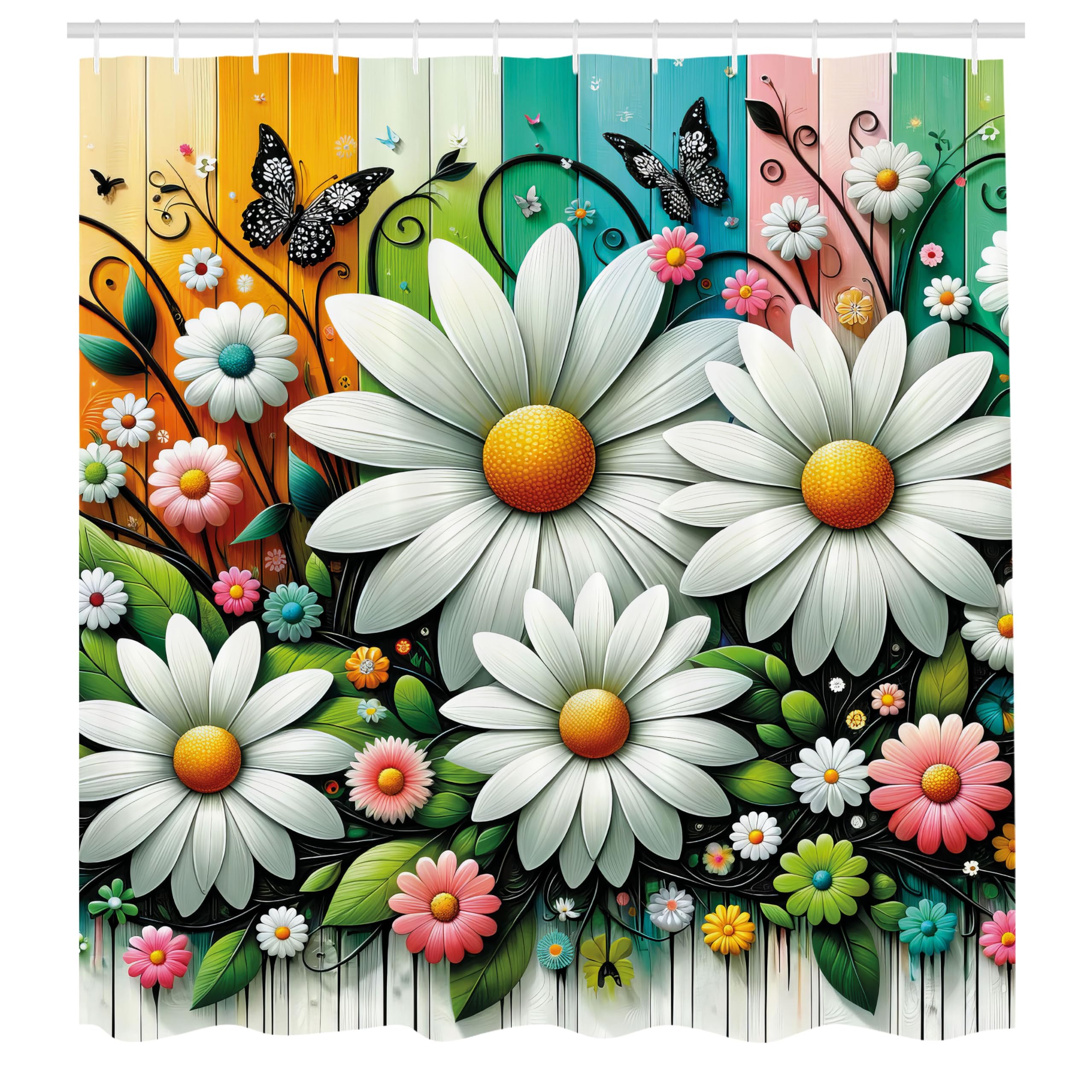 Ambesonne Spring Shower Curtain, Modern Botany Art Of Daisy With Greenery Leaves Butterfly On Colorful Back, Cloth Fabric Bathro