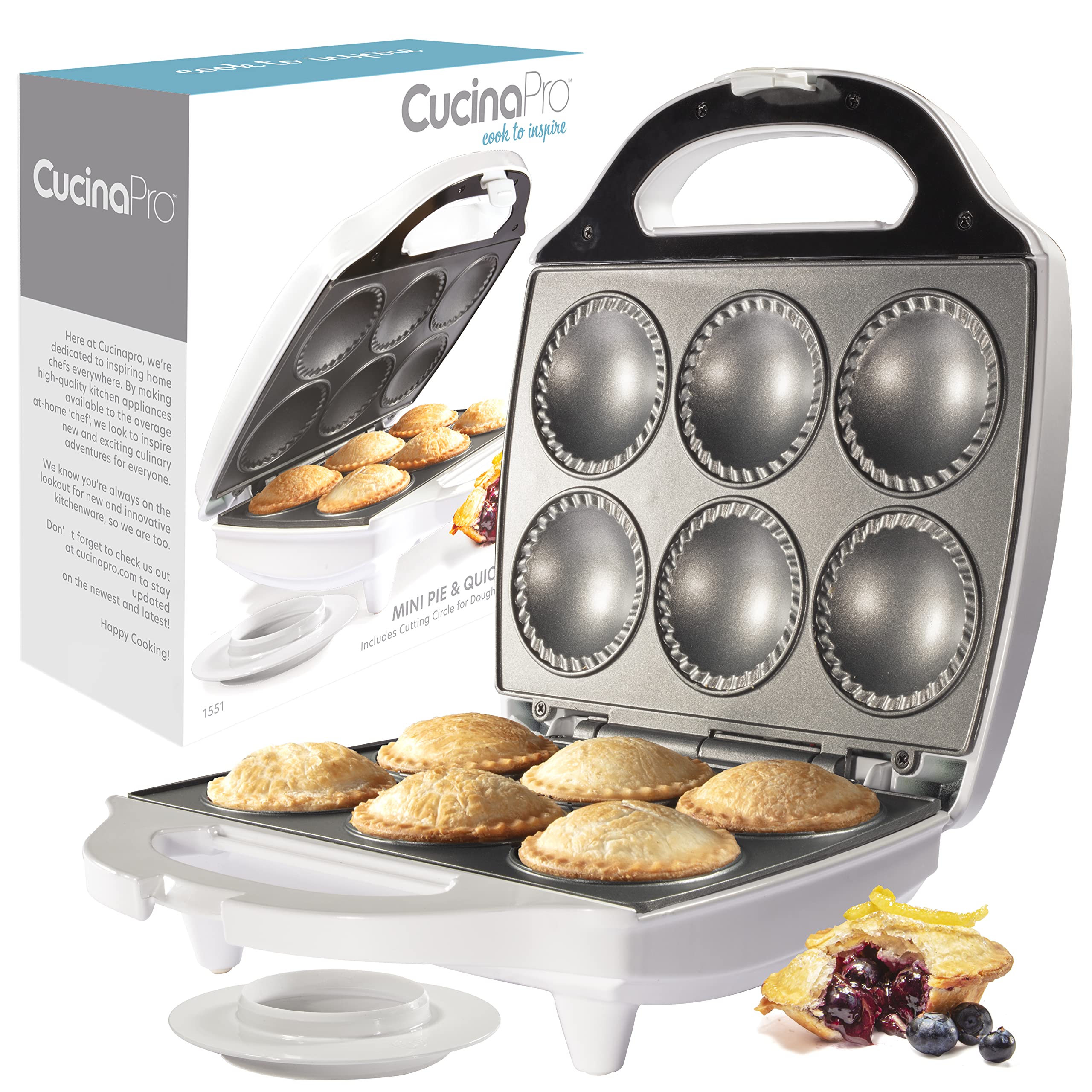 Mini Pie & Quiche Maker- Nonstick Baker Cooks 6 Small Quiches or Pies in Minutes- Dough Cutting Circle Easy Dough Measurement- B