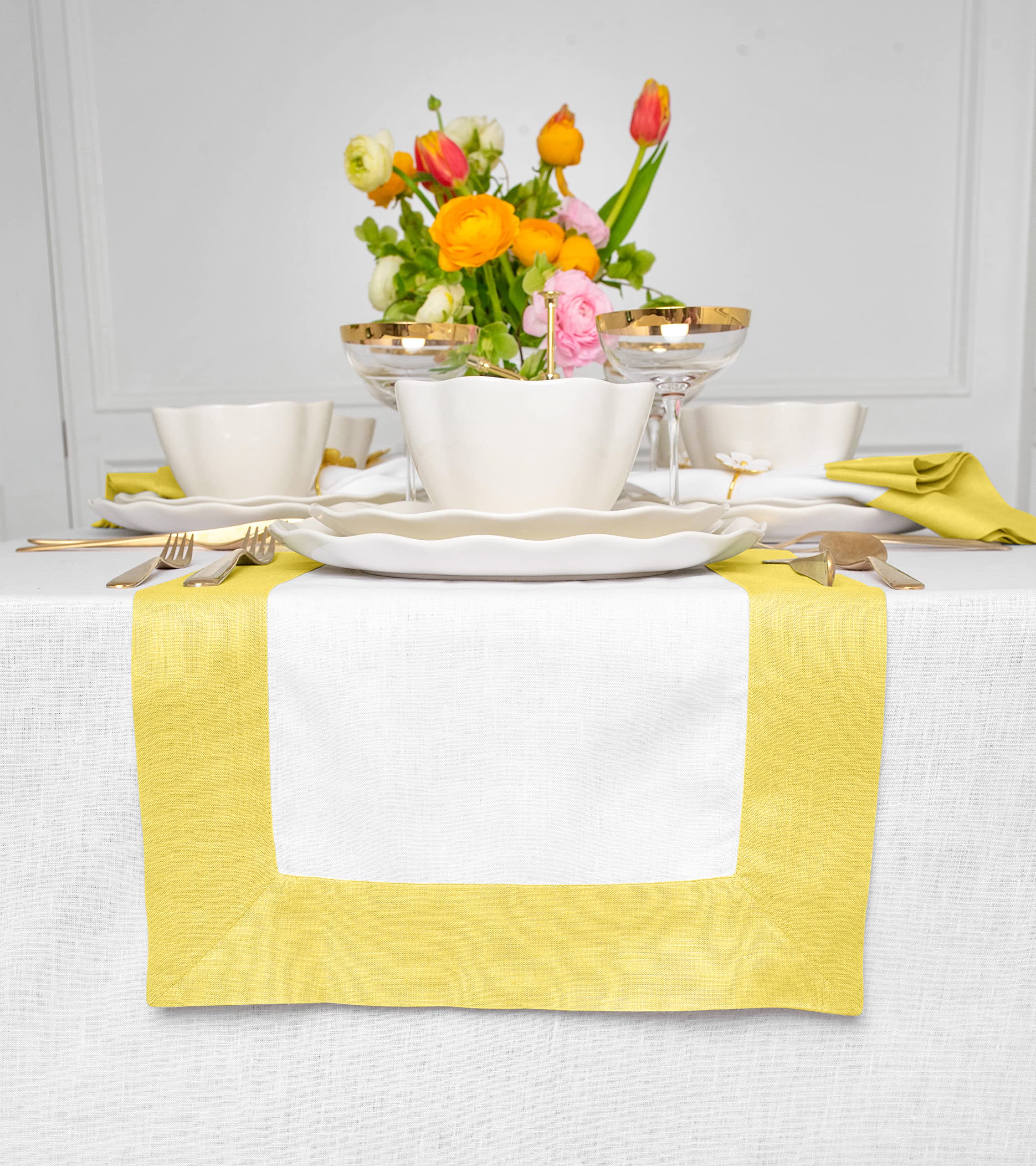 Solino Home Linen Table Runner 14 X 72 Inch - 100% Pure Linen Sunshine Yellow And White Table Runner For Spring, Summer, Dining