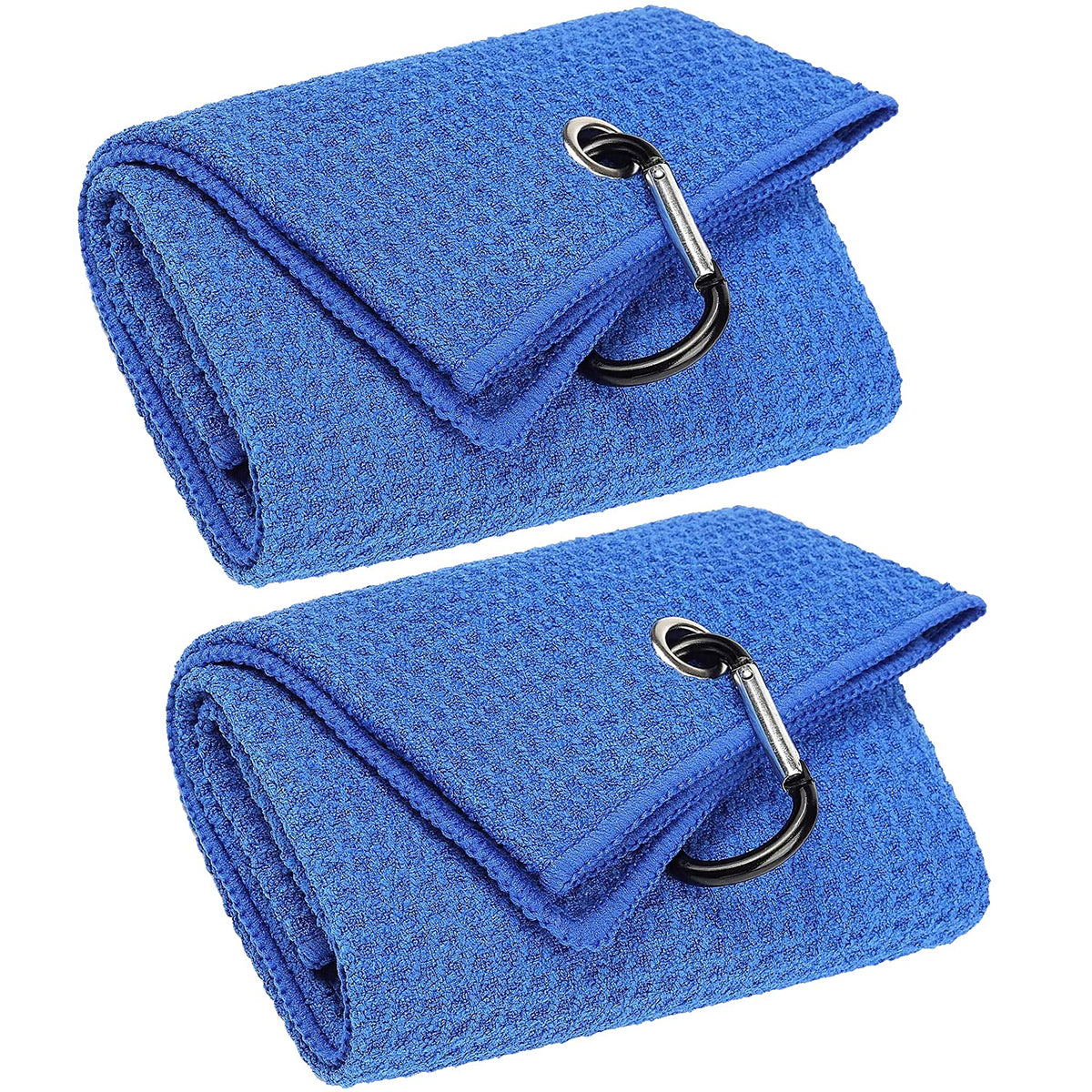 Vividly 2 Pack Tri-Fold Golf Towels, Premium Microfiber Fabric Waffle Pattern With Black Heavy Duty Carabiner Clip, Blue Golf To