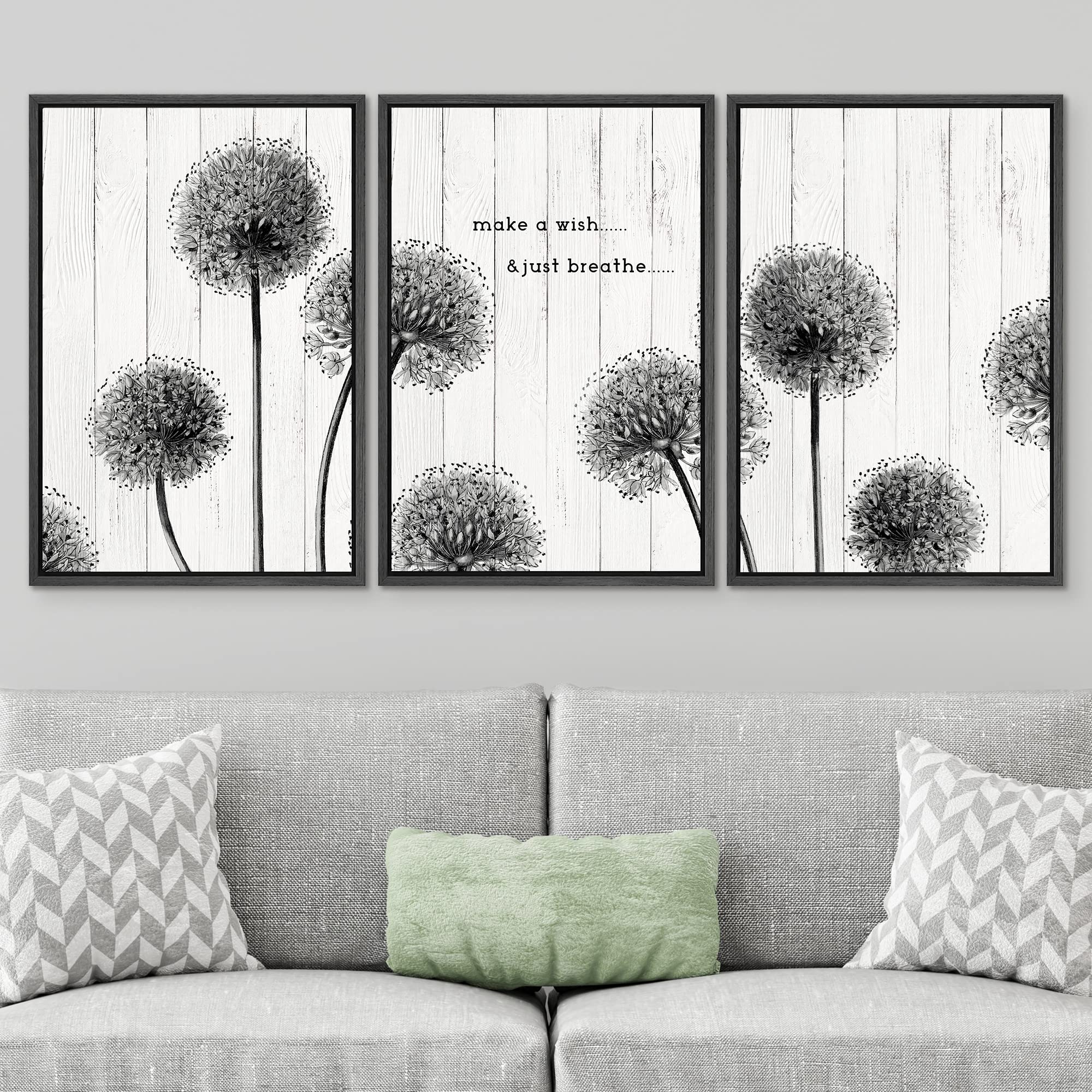 Signwin Framed Canvas Print Wall Art Set Wood Panel Style Dark Dandelion Flowers Nature Wilderness Illustrations Art Decorative