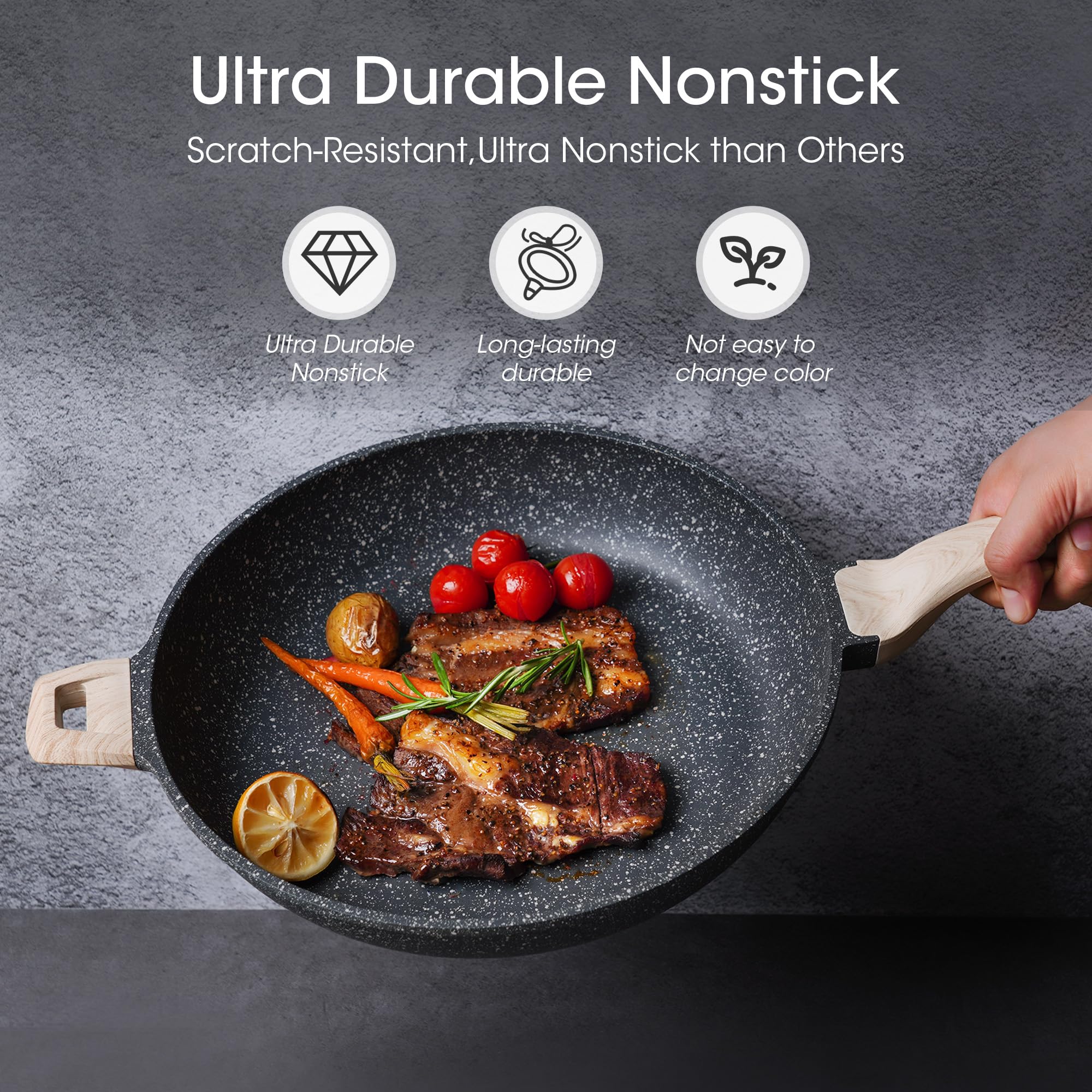 CAROTE Non Stick Frying Pan Skillet,12.5 Nonstick Skillet with Glass Lid, Granite Cookware Chefs Pan, PFOA Free (Classic Granit