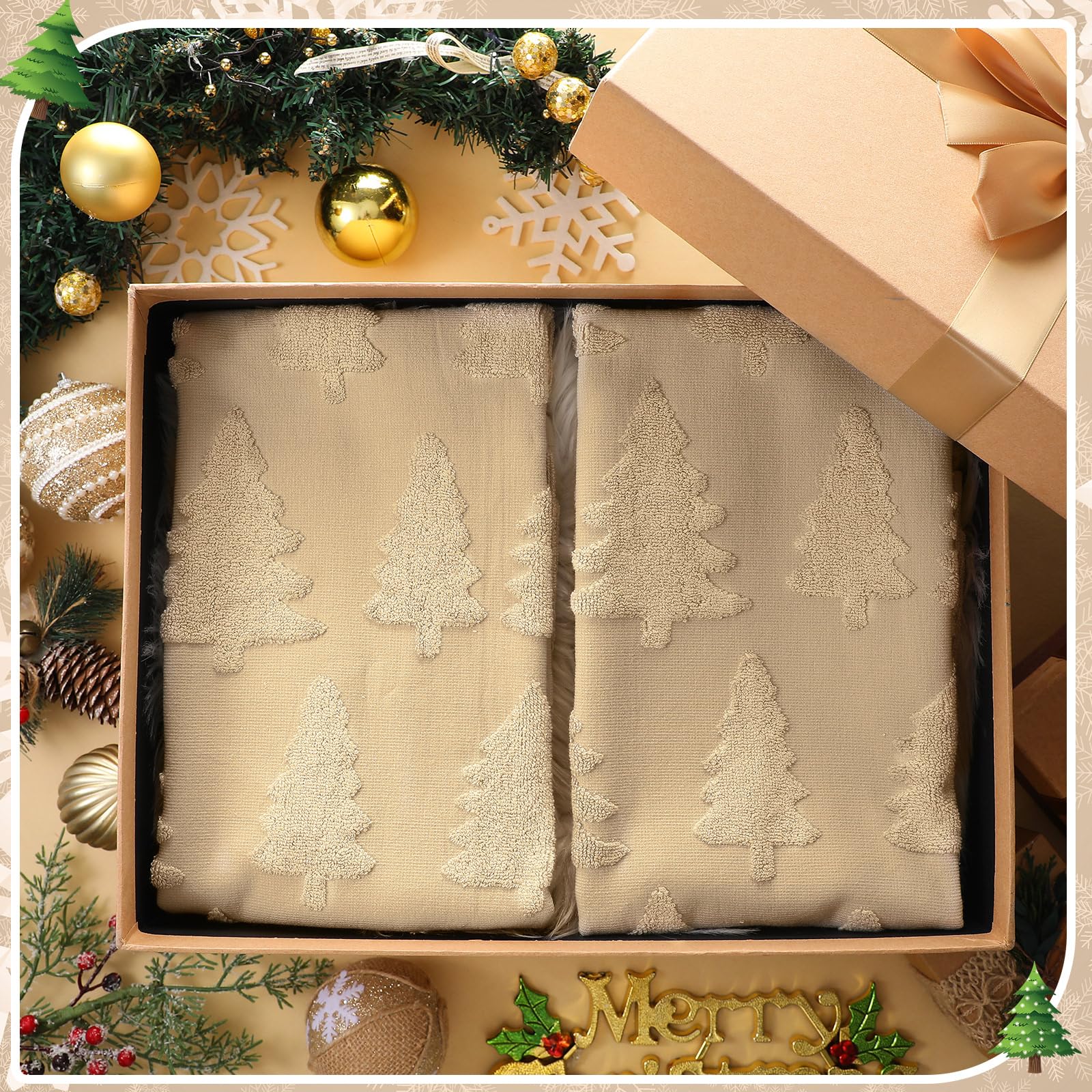Breling 2 Pcs Christmas Hand Towels Beige Christmas Trees Bathroom Decorative Towels 100% Cotton Absorbent Jacquard Weave Bath D