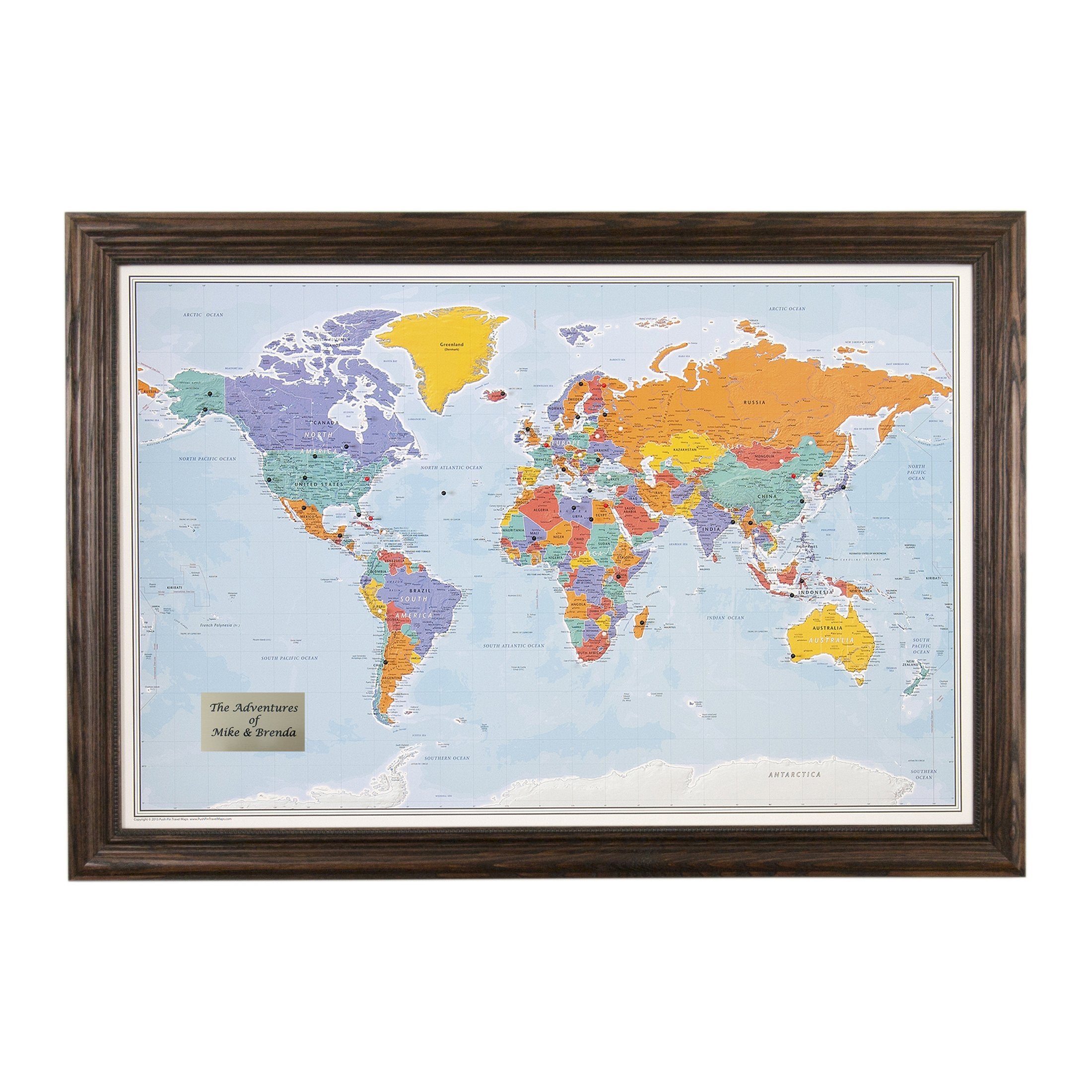 Push Pin Travel Maps - Customizable Blue Oceans World Push Pin Travel Map With Solid Wood Brown Frame- 27.5'' X 39.5'' - 8 Handc