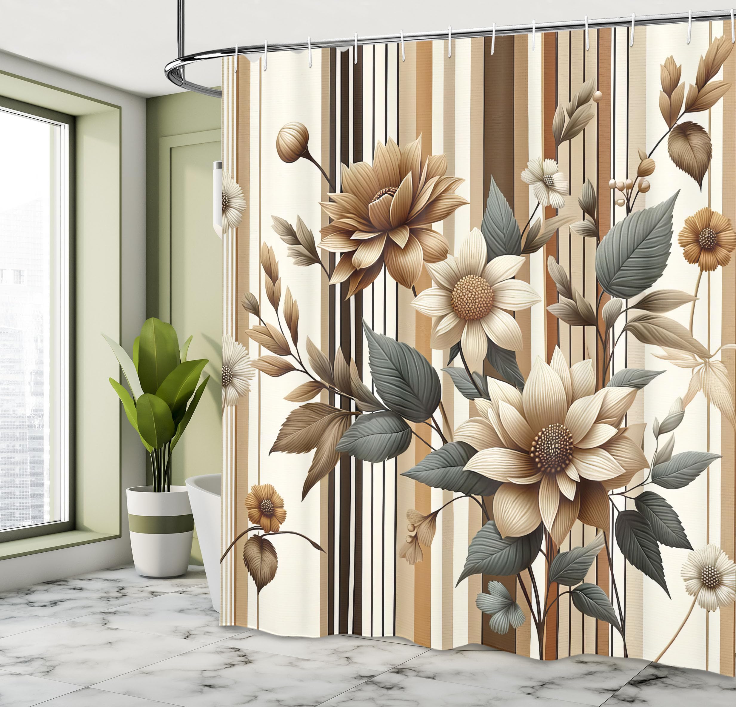 Ambesonne Tan Shower Curtain, Vintage Boho Cottagecore Monochromatic Flowers On A Striped Background, Cloth Fabric Bathroom Deco