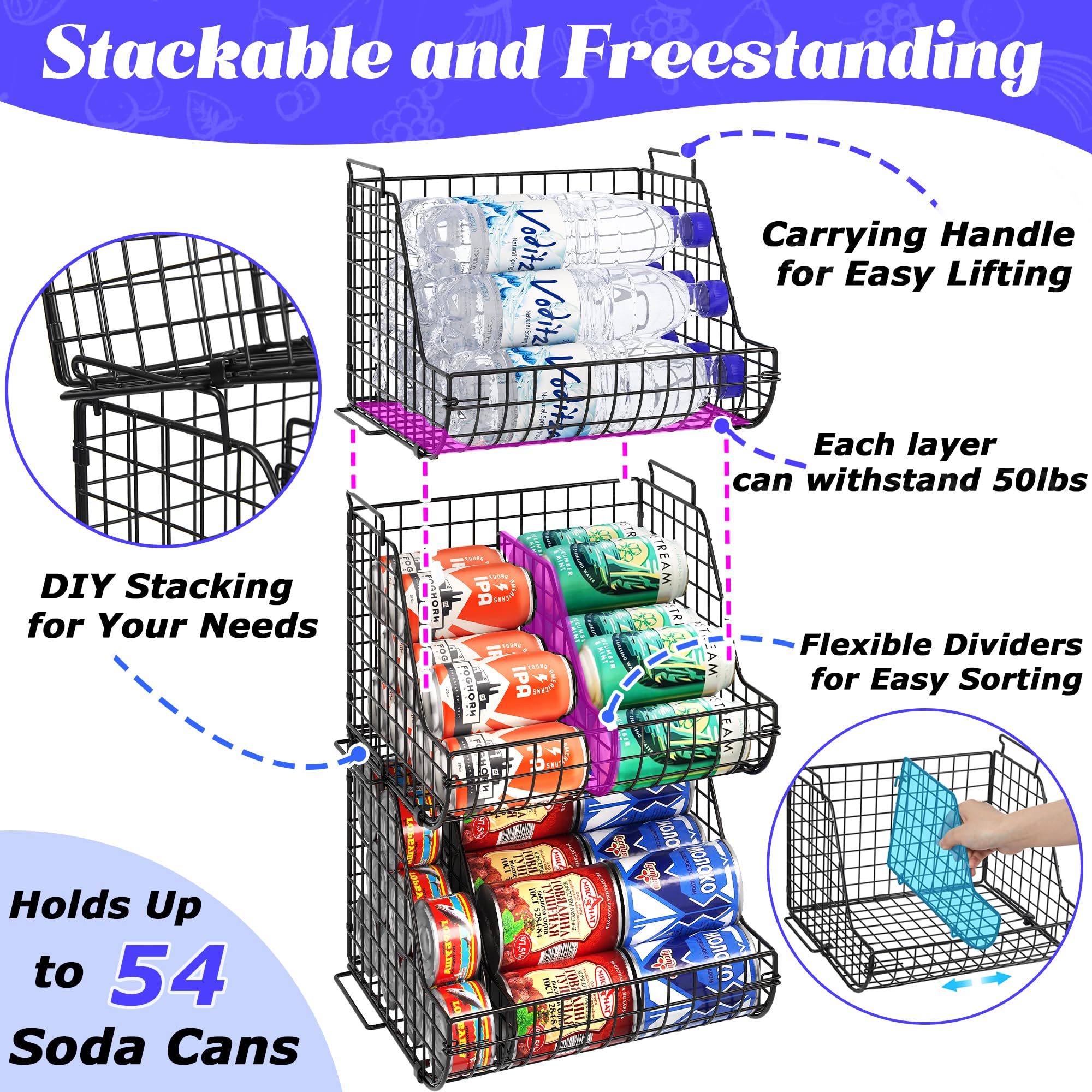Lyuwanxian Stacking Can Dispensers, Black Iron 3-Tier Organizer, 3-Pack for Pantry & Kitchen Cabinet Storage