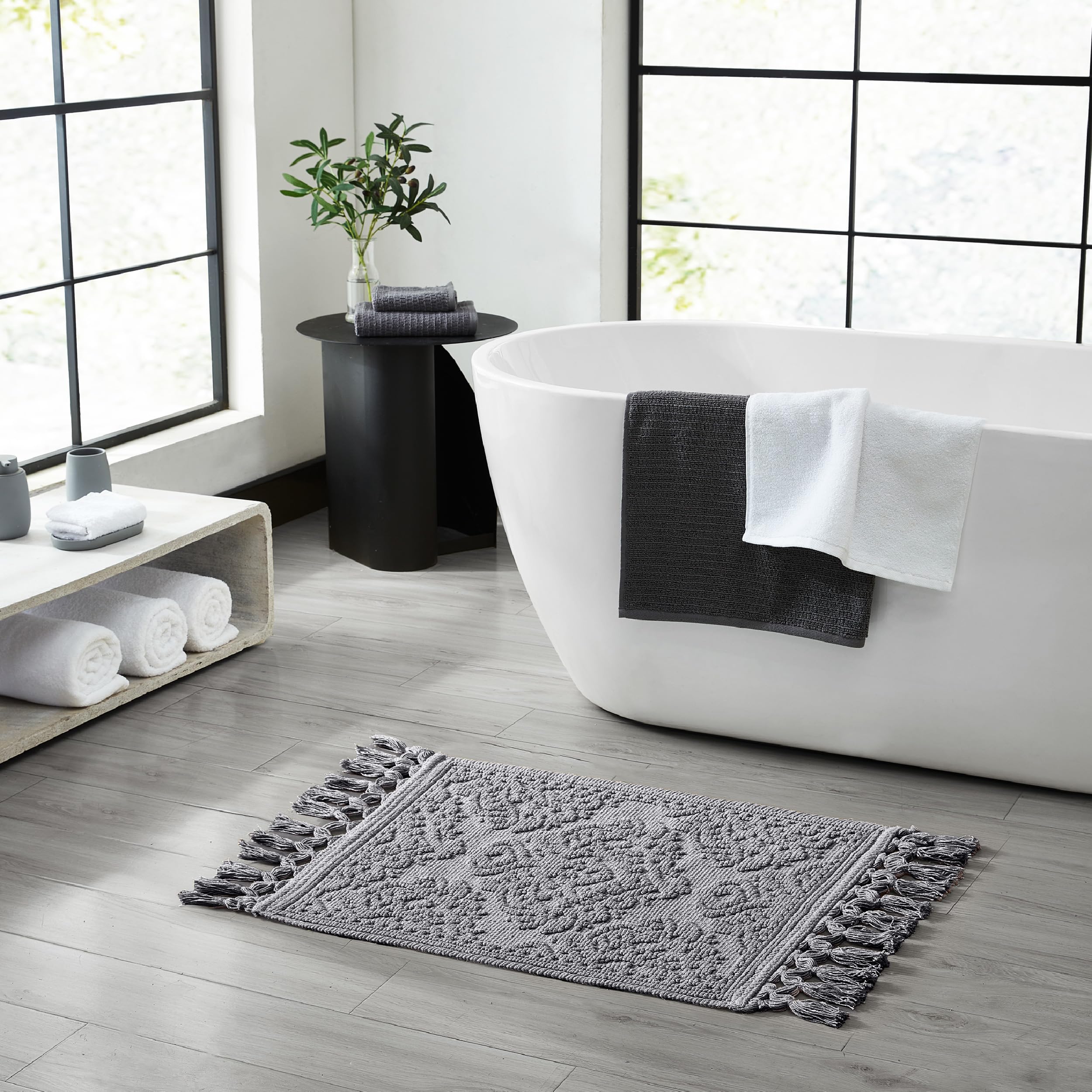 Jean Pierre - Ricardo Bath Mat, Woven Fringe Bathroom Rugs, 100% Cotton, Premium Bathroom Decor - Measures 17'' X 31'' - Dark Gr