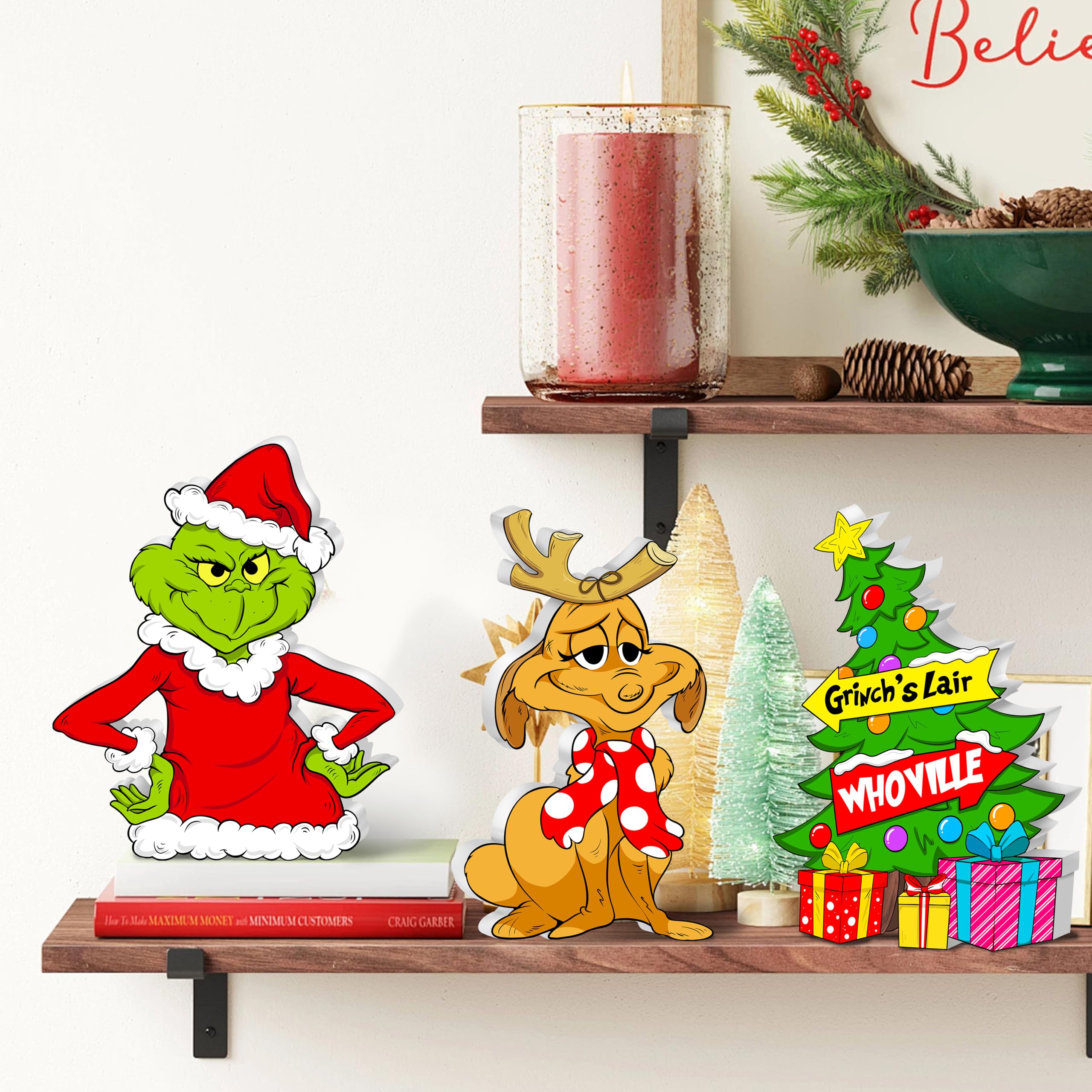 3pcs Christmas Wooden Table Signs, Christmas Tree Dog centerpieces Tiered Tray Decorations Set for Xmas Holiday Winter Parties I