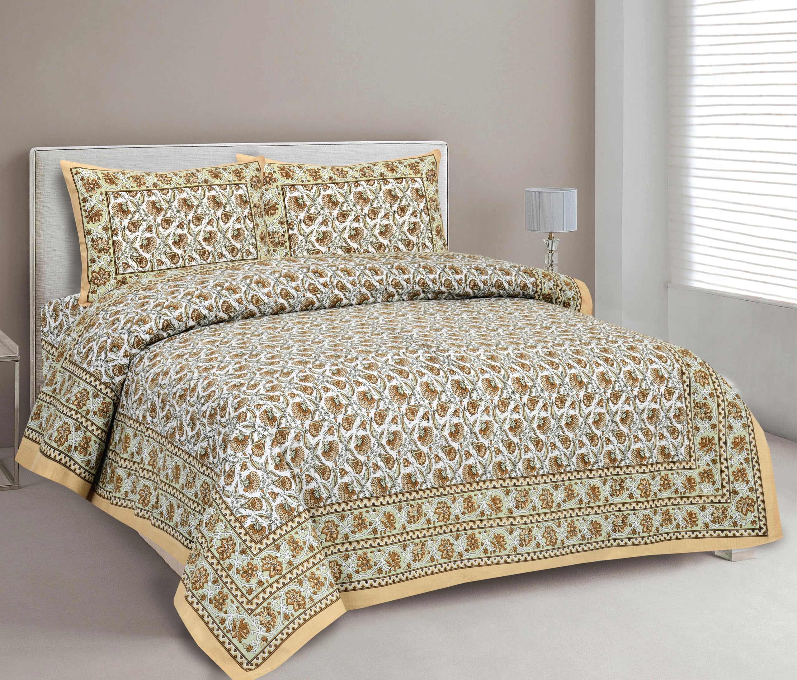 AARAMYA Cotton Flat Printed Bed Sheet with Pillow Case | Soft Breathable Bedding | Comfortable Bed Linen Set for Home  Color Be