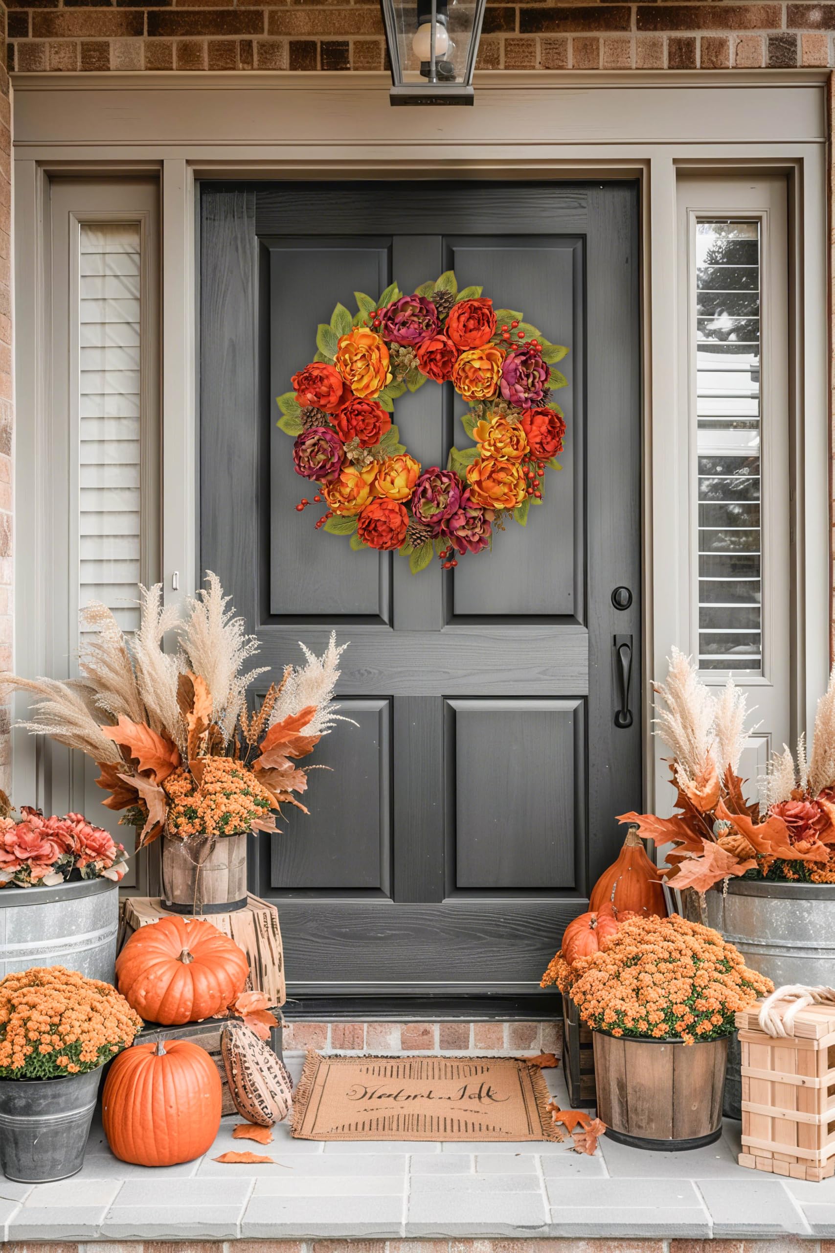Fall Teardrop Swag with Peonies - 23.6 Inch Artificial Hanging Floral Wreath with Berries & Leaves for Thanksgiving Autumn Decor
