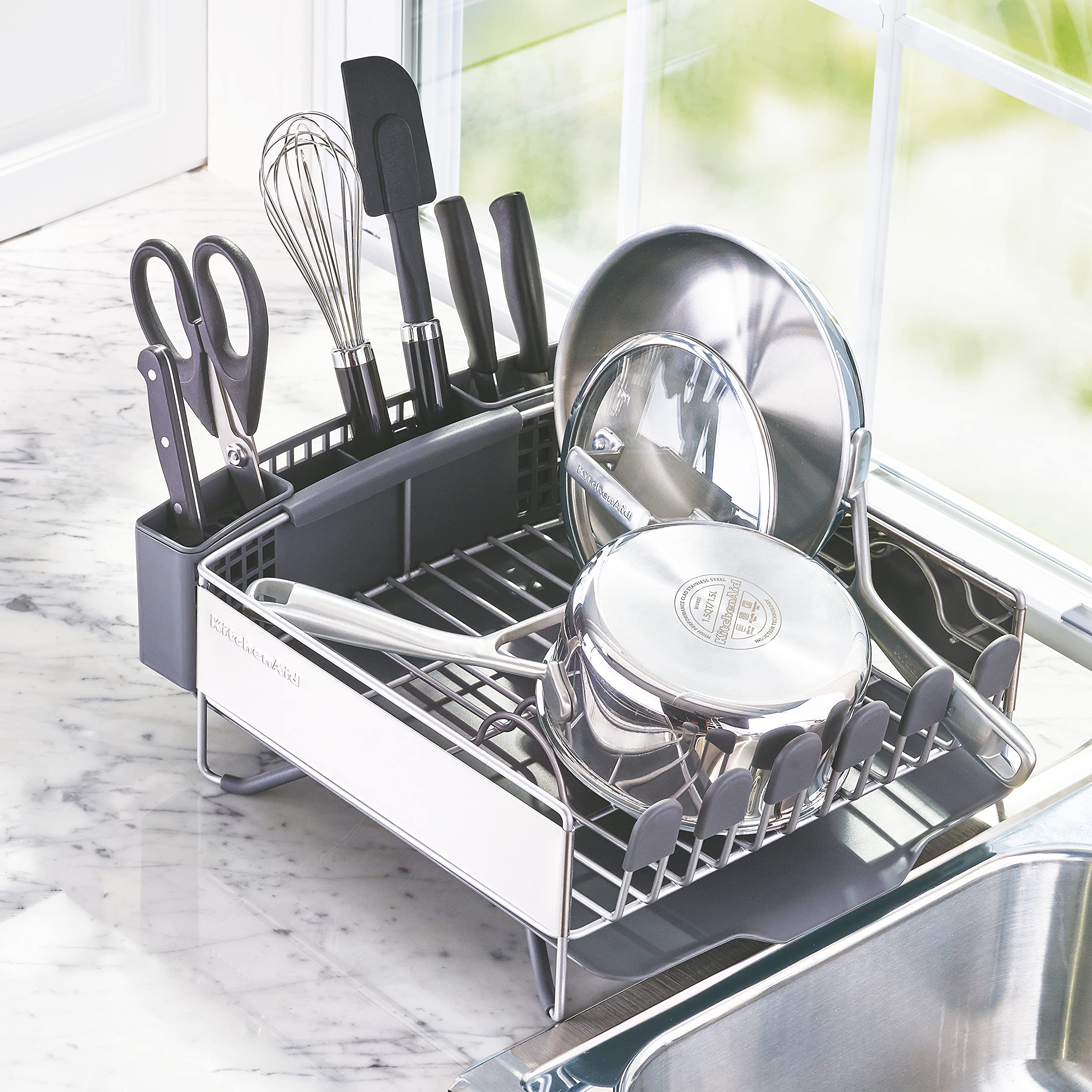 KitchenAid Compact Space Saving, Dish Rack with Removable Flatware Caddy and Angled Self Draining Drainboard, Satin Gray, 15-Inc