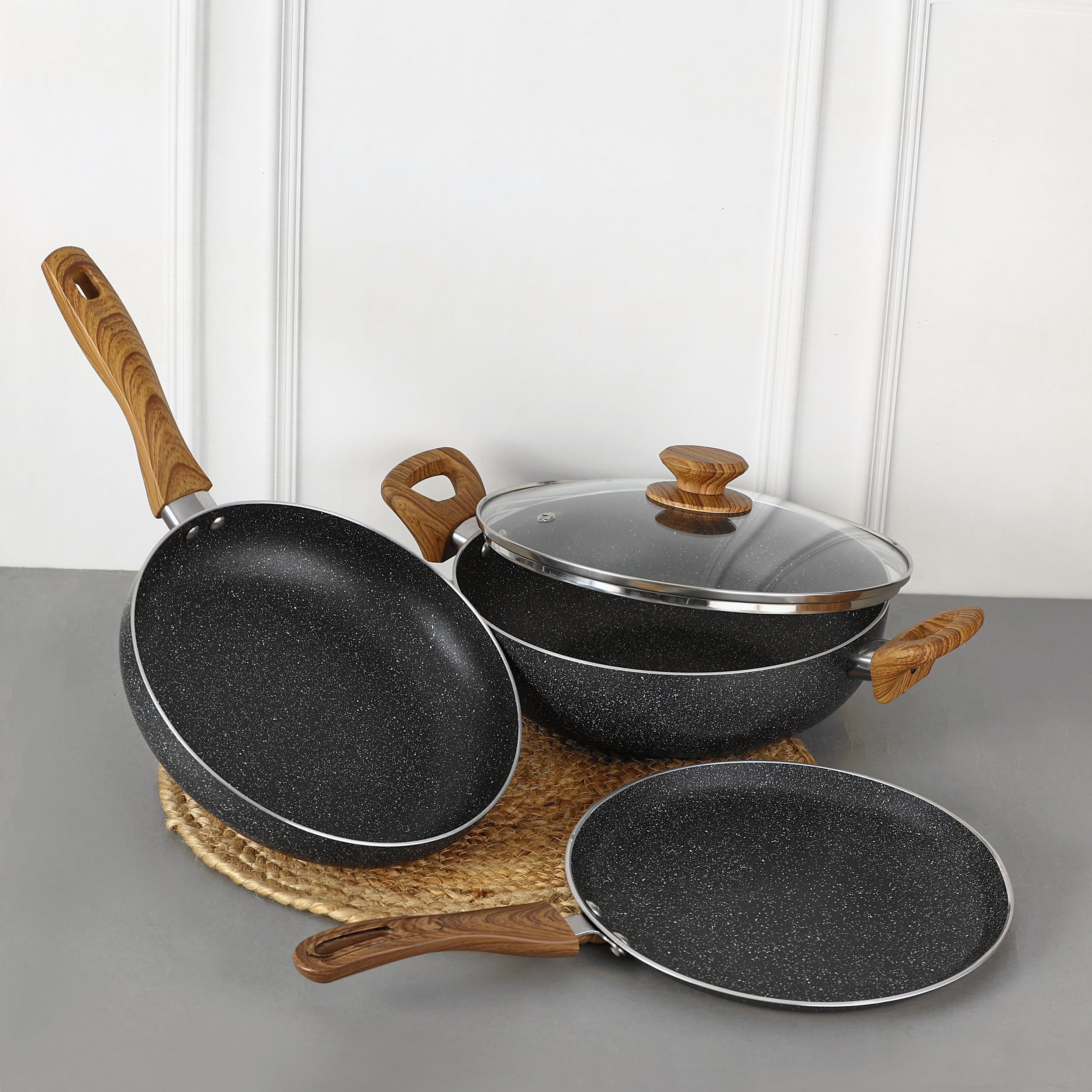 Chakmak Gravel Non Stick Cookware Set 4 Pc | Non Stick | Induction Bottom | Granite Finish | Pfoa Free | Kadhai With Lid 26Cm/3.