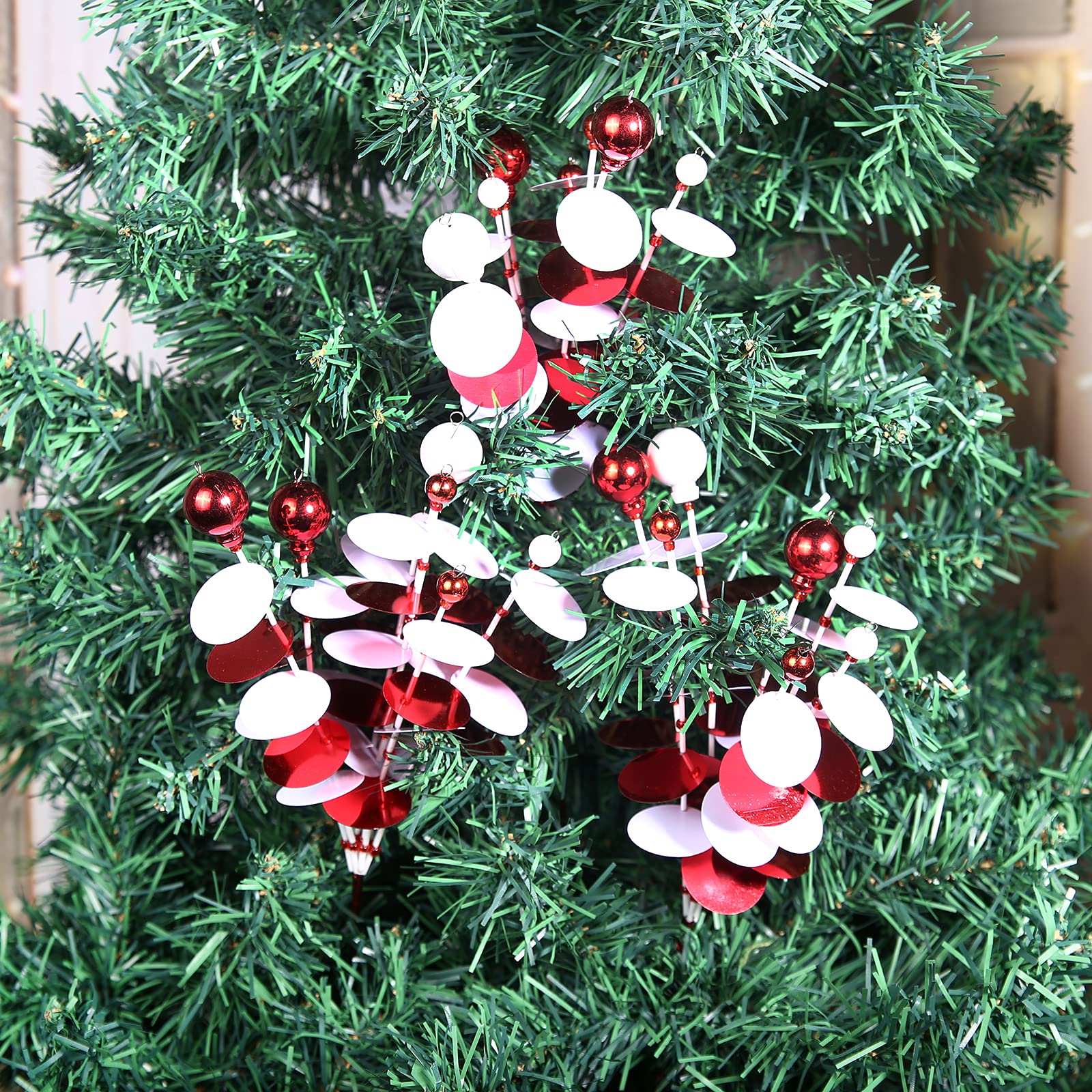 ZHANYIGY 6PC Set 12 H Red White Christmas Ornaments Sequins Ball Pick, Christmas Tree Decorations Christmas Tree Topper Star Hom