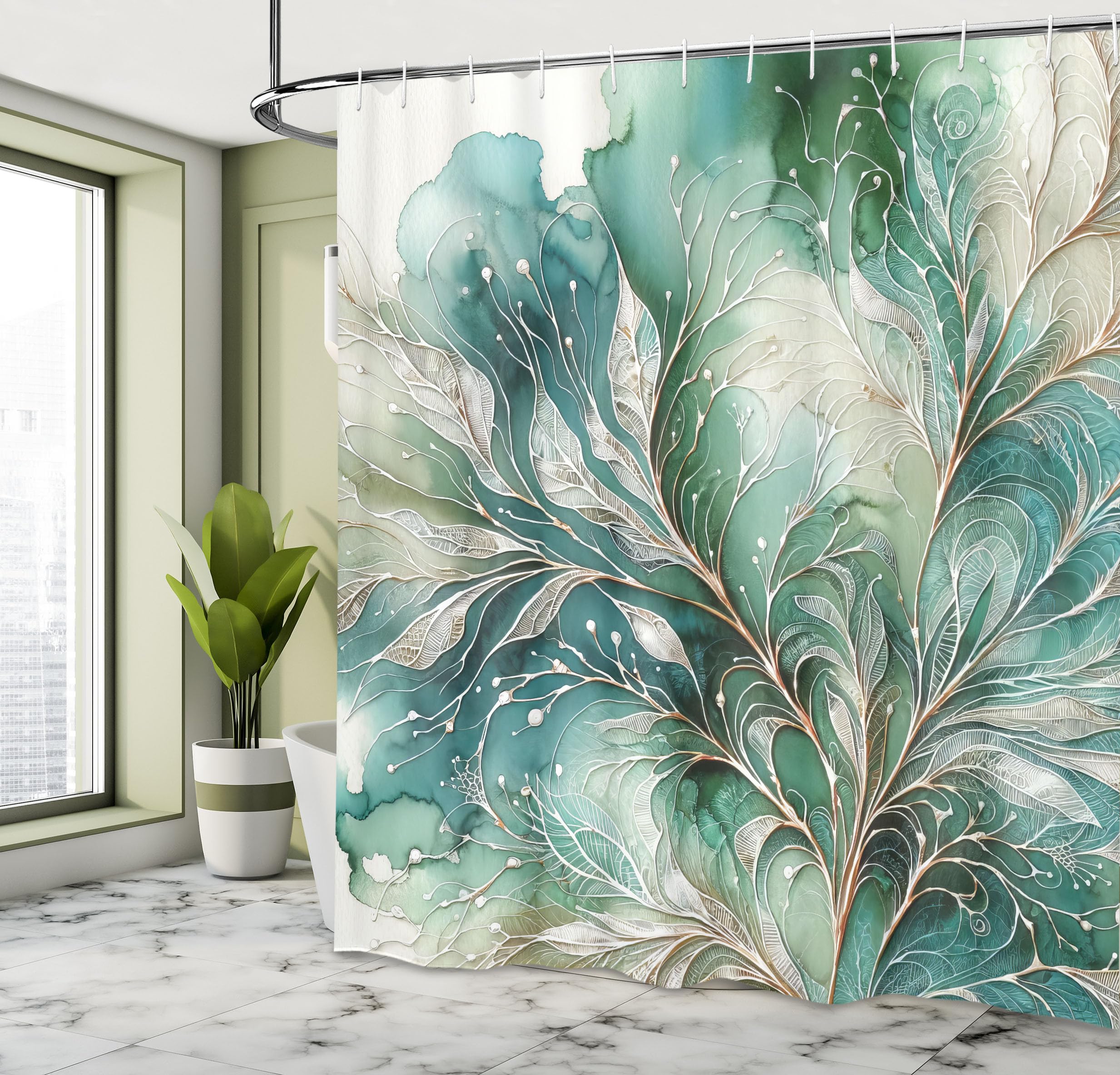 Ambesonne Teal Shower Curtain, Abstract Marble Print Design Of Greenery Clouds And Dreamy Leafy Peduncles, Cloth Fabric Bathroom