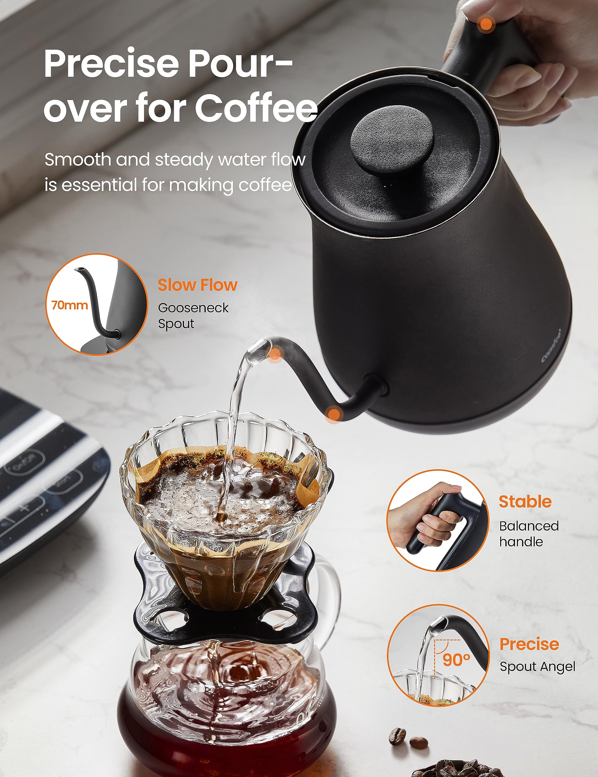 Comfee' Gooseneck Electric Kettle With Temperature Control, 3 Variable Presets, 100% Stainless Steel, 1500 Watt Powerful Quick H